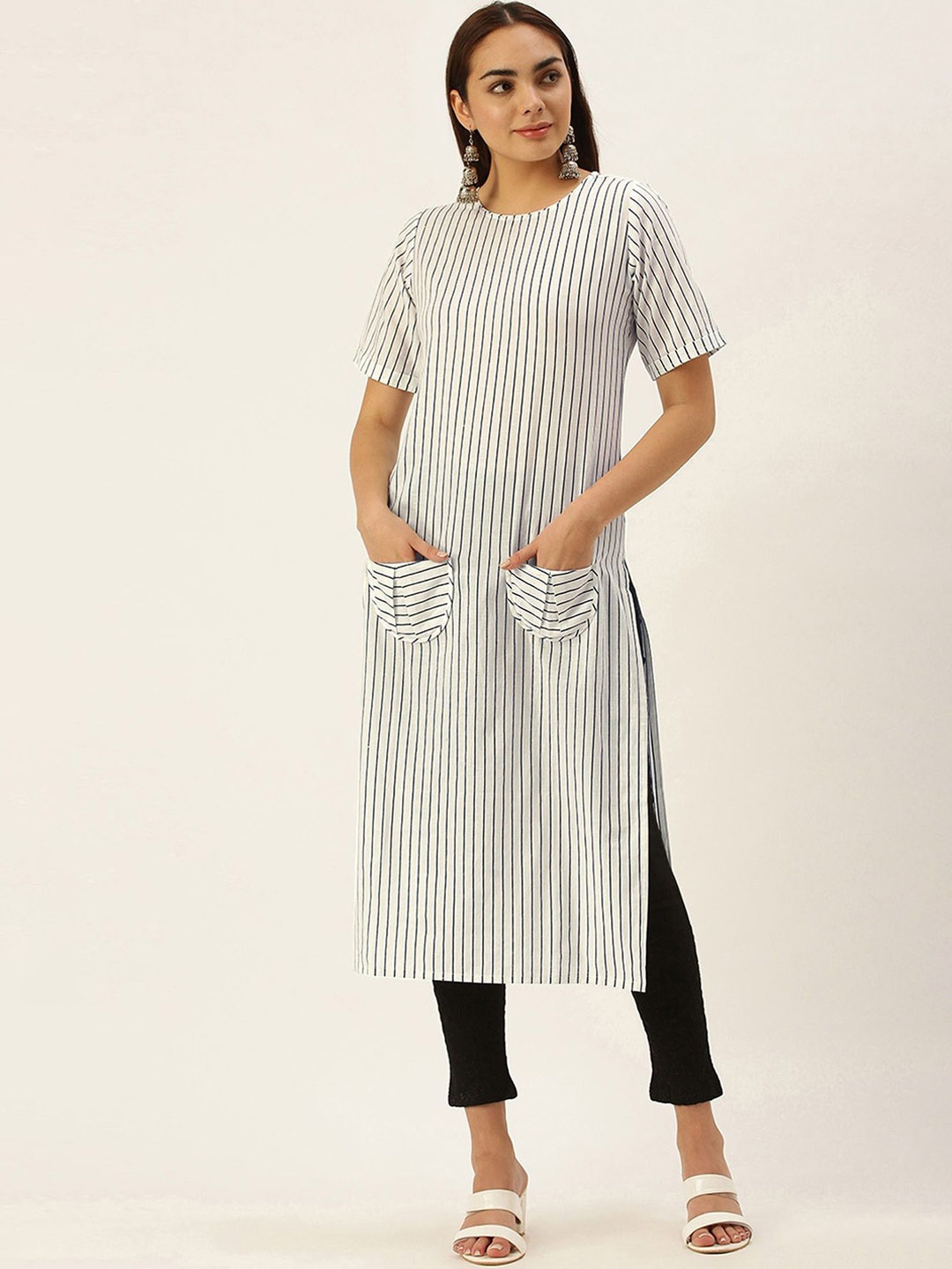 

Fourleaf Striped Round Neck Straight Cotton Kurta, White