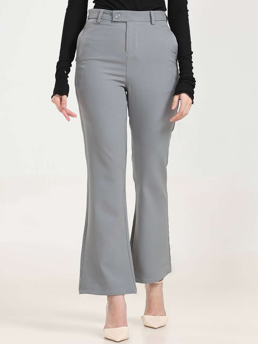 

URBAN POCHE Women Relaxed Flared High-Rise Trousers, Grey