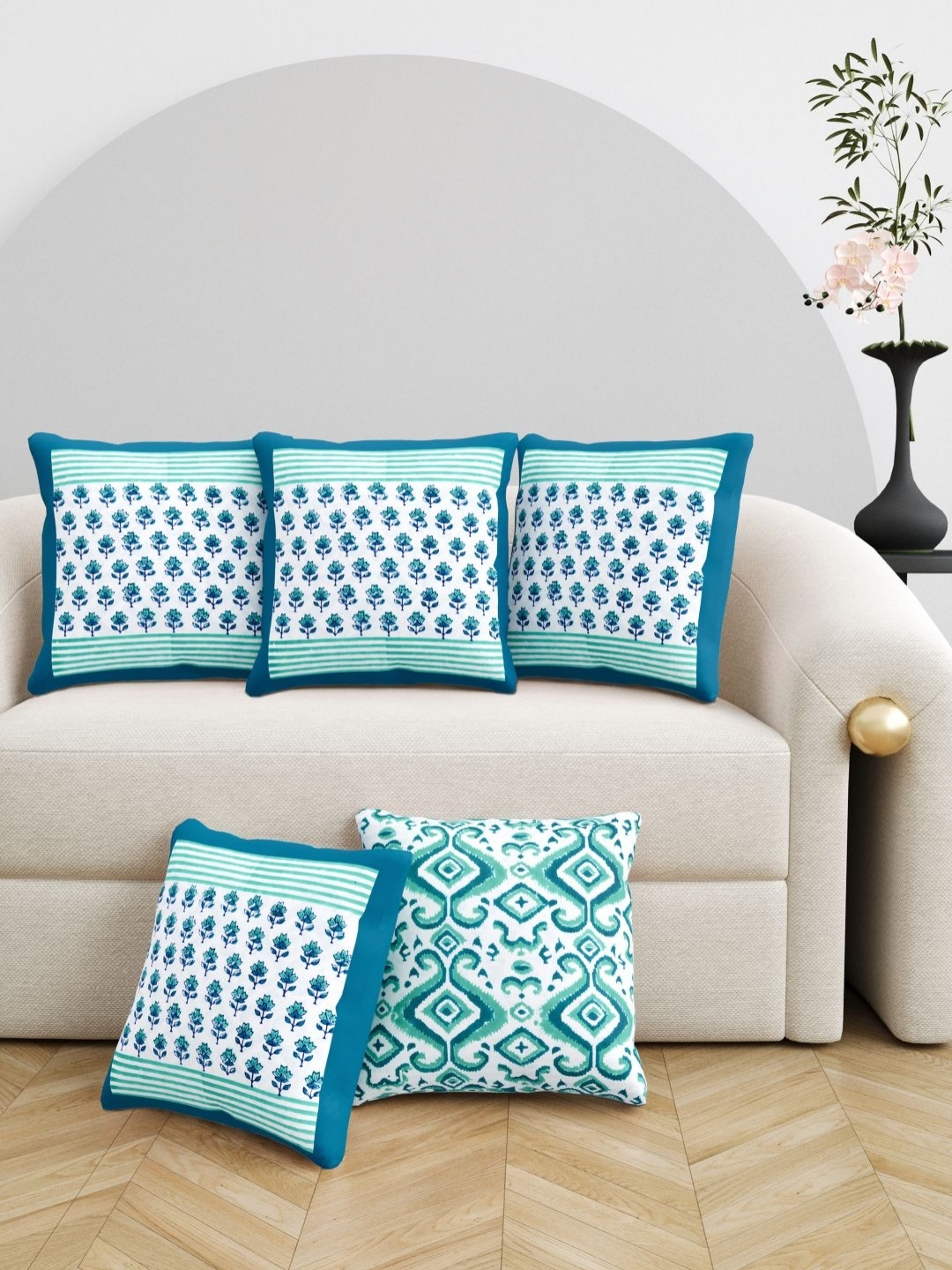 

Myntra Elegant Homes Green & White Set of 5 Floral Square Cushion Covers