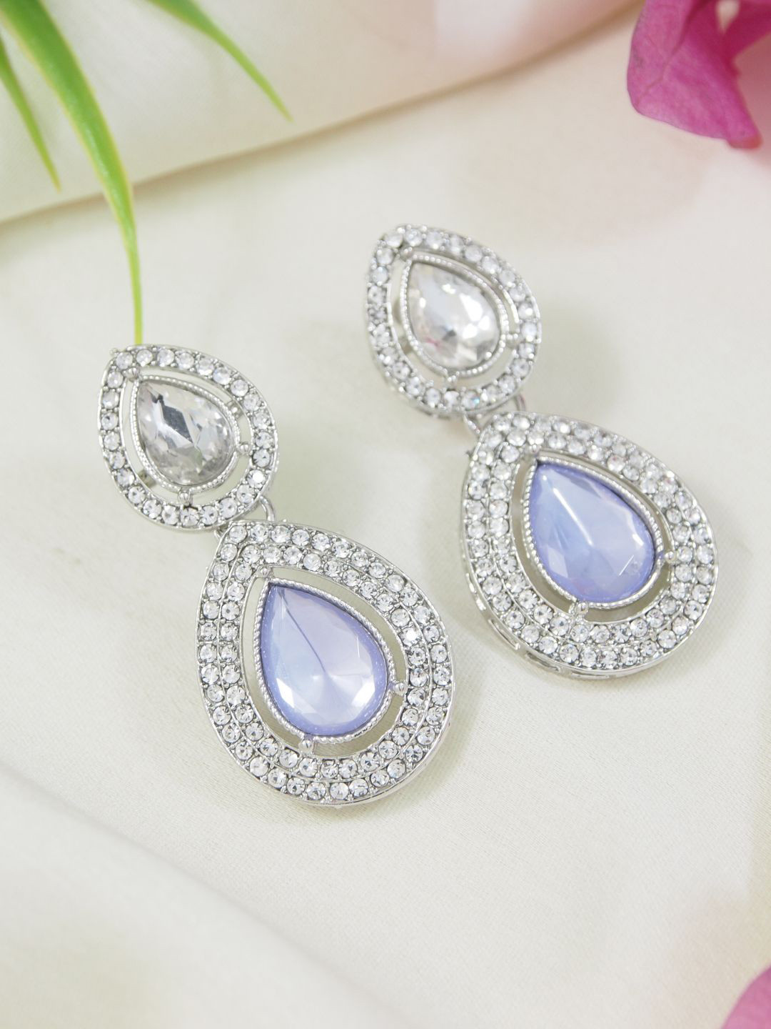 

I Jewels Gold-Plated Artificial Stones Studded Teardrop Shaped Drop Earrings, Silver