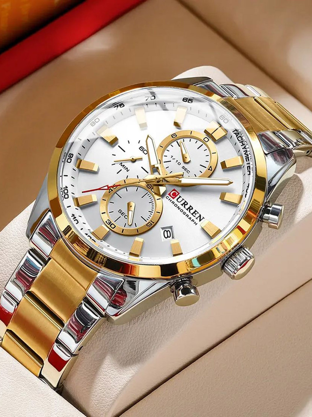

Curren Men Brass Embellished Dial & Stainless Steel Bracelet Style Straps Analogue Watch CR-08445-TT-White