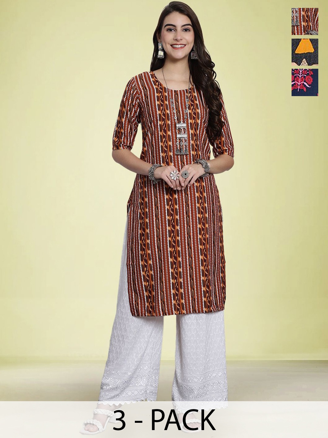 

Moda Rapido Selection Of 3 Geometric Printed Round Neck Straight Kurtas, Brown