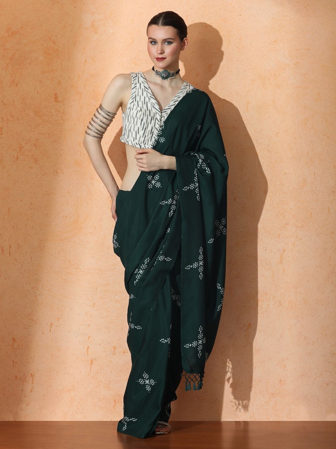 

Jaipur Kurti Floral Saree, Sea green