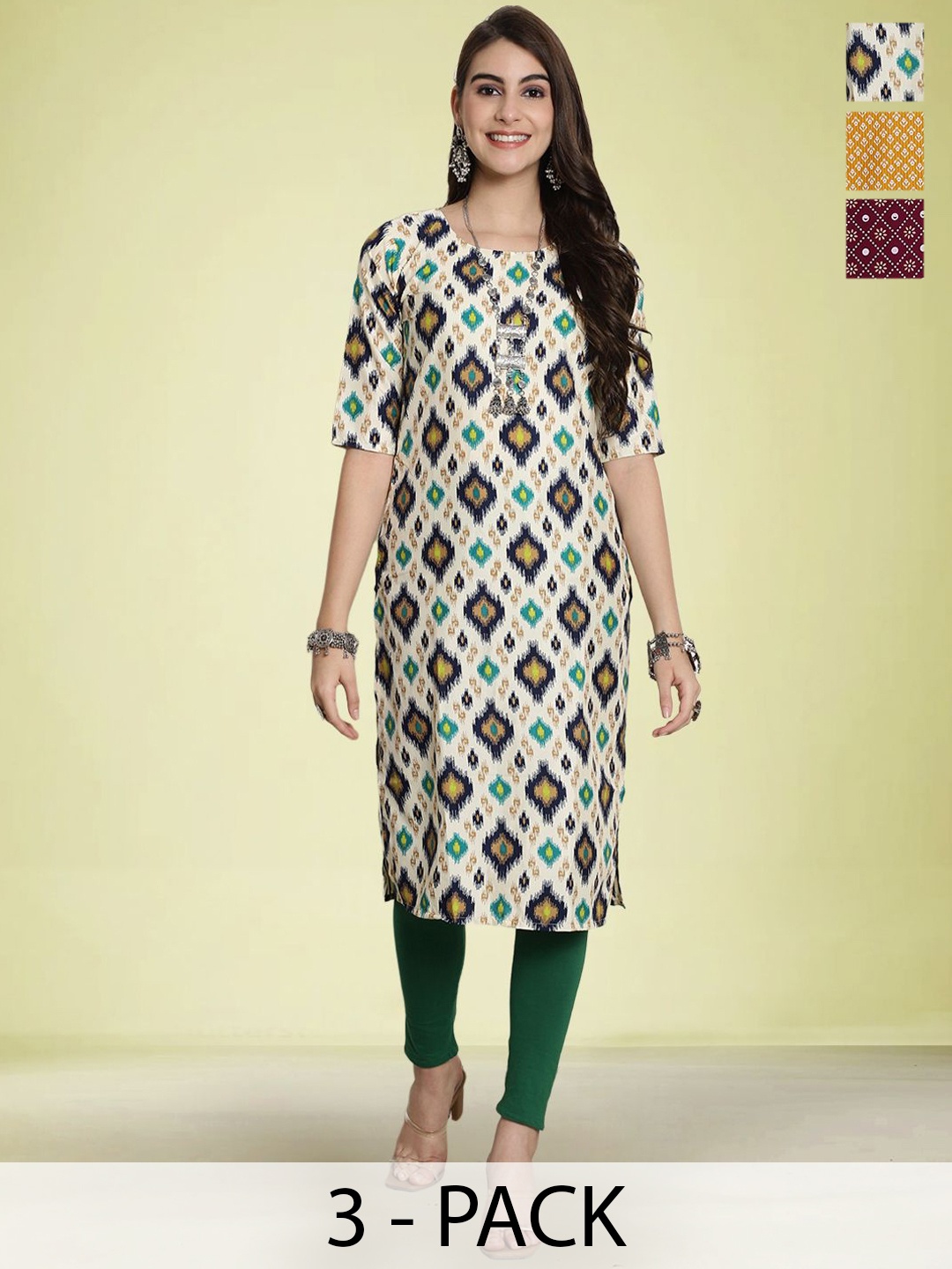

Moda Rapido Selection Of 3 Floral Printed Round Neck Straight Kurtas, Yellow