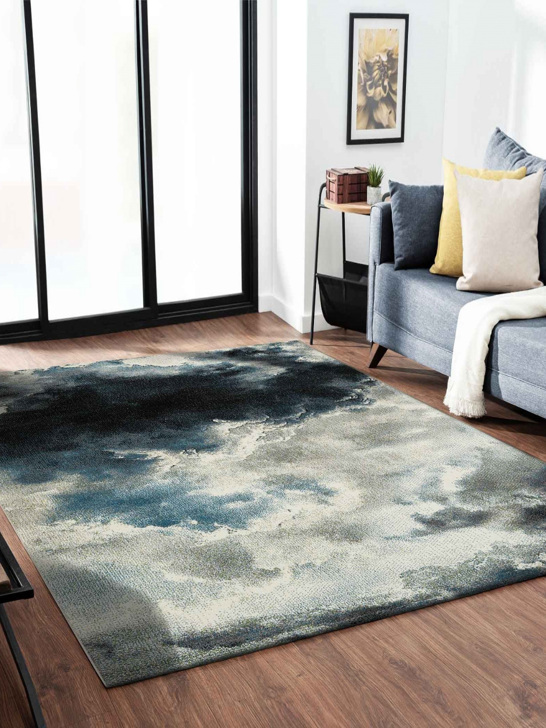 

OBSESSIONS Blue Abstract Anti-Skid Polypropylene Carpet