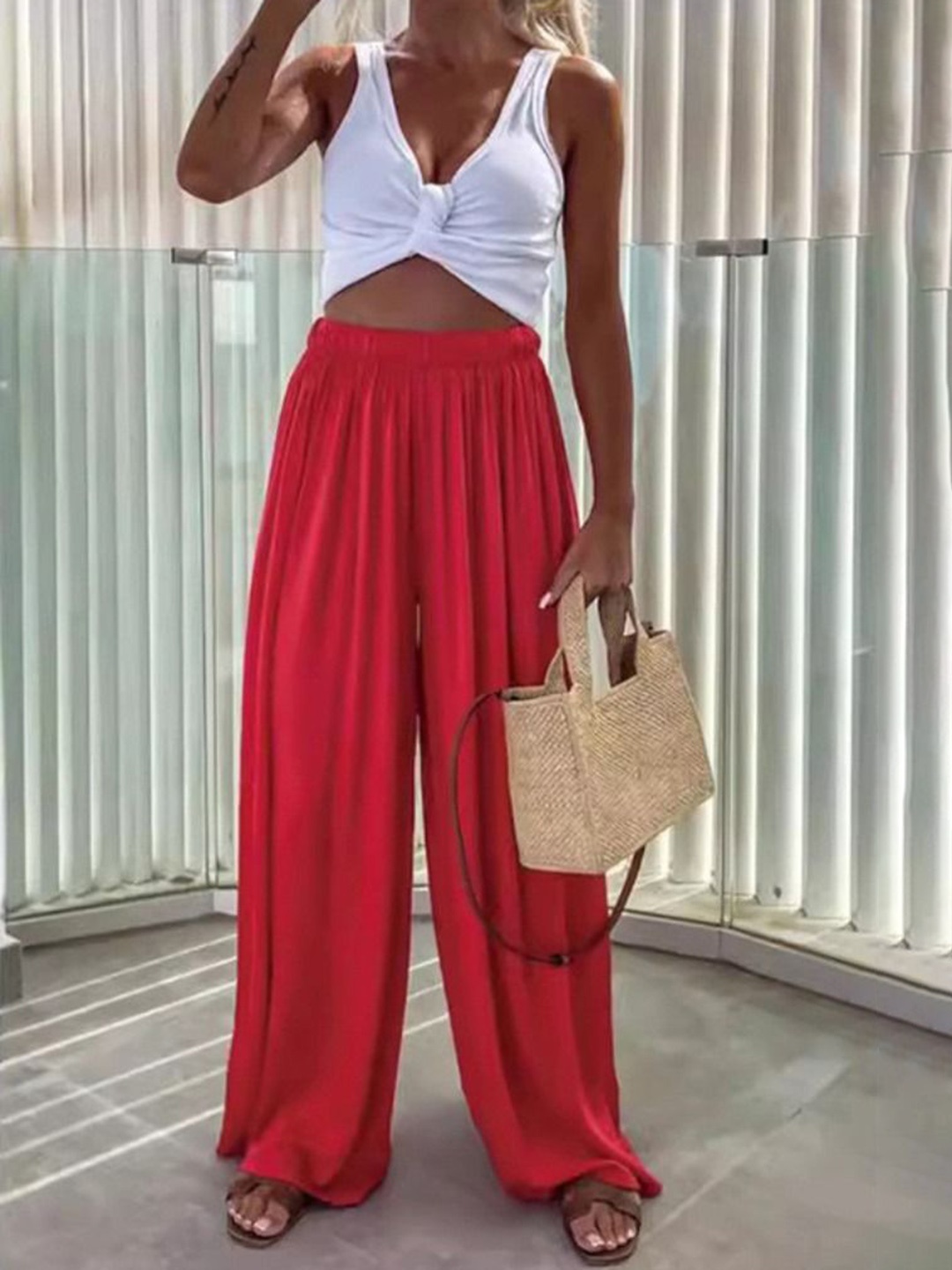 

HERE&NOW Women Loose Fit High-Rise Trousers, Red