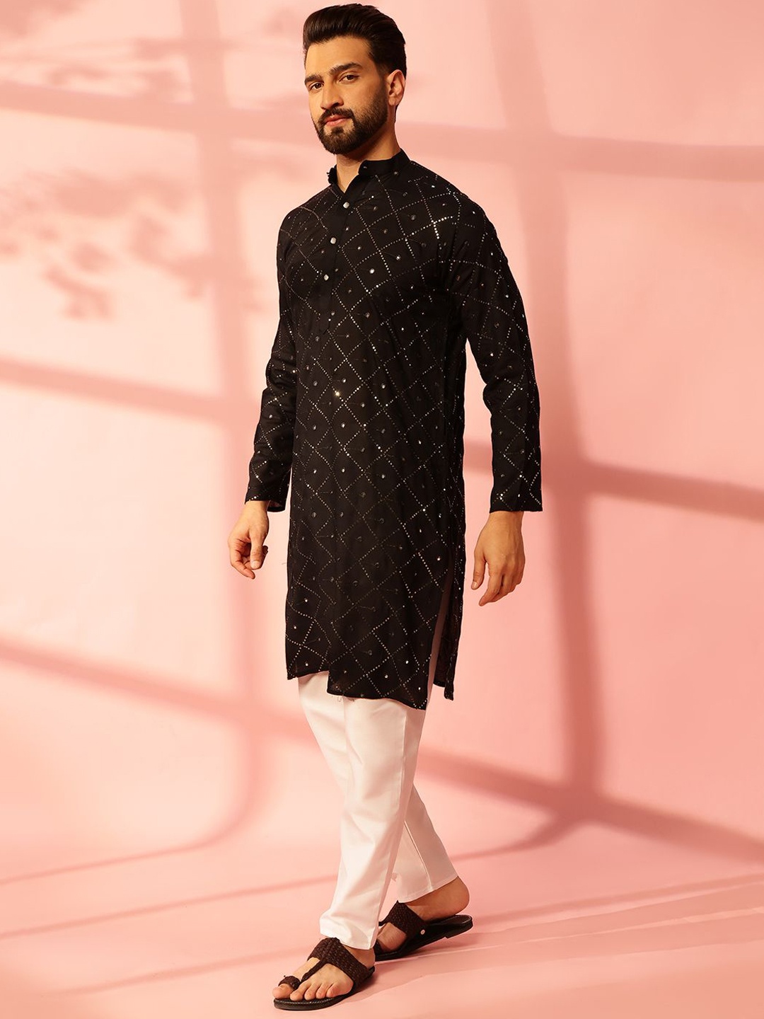 

Anouk Geometric Embroidered Band Collar Mirror Work Cotton Straight Kurta, Black