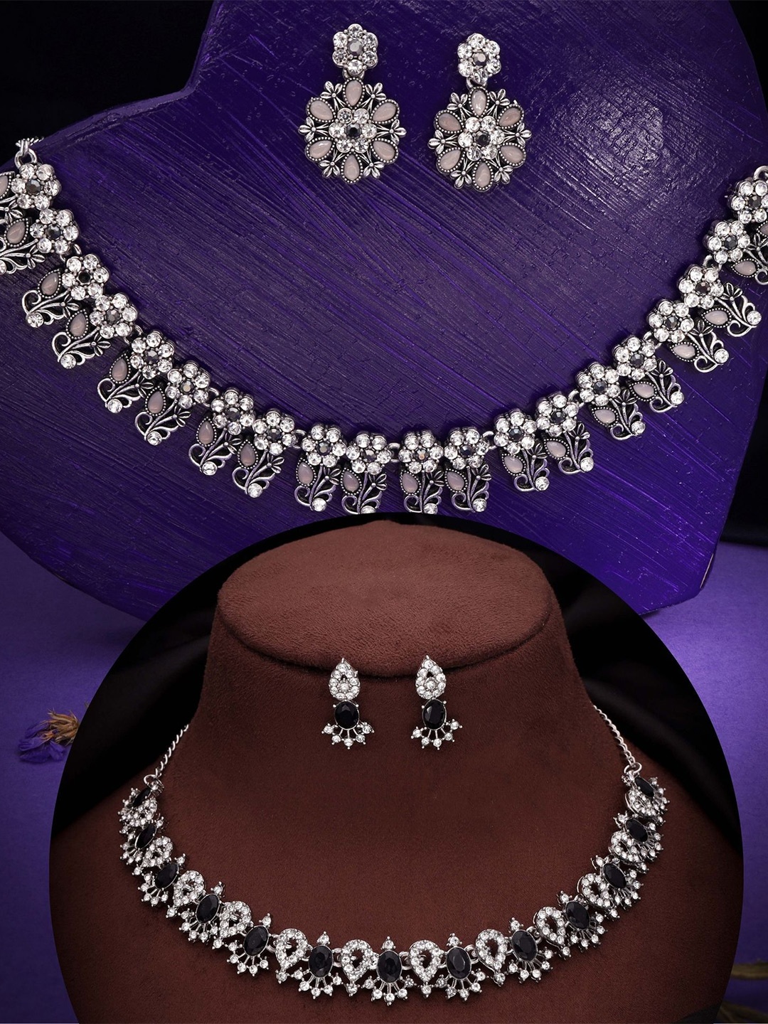 

DIVASTRI Set Of 2 Silver-Plated American Diamond-Studded Jewellery Set