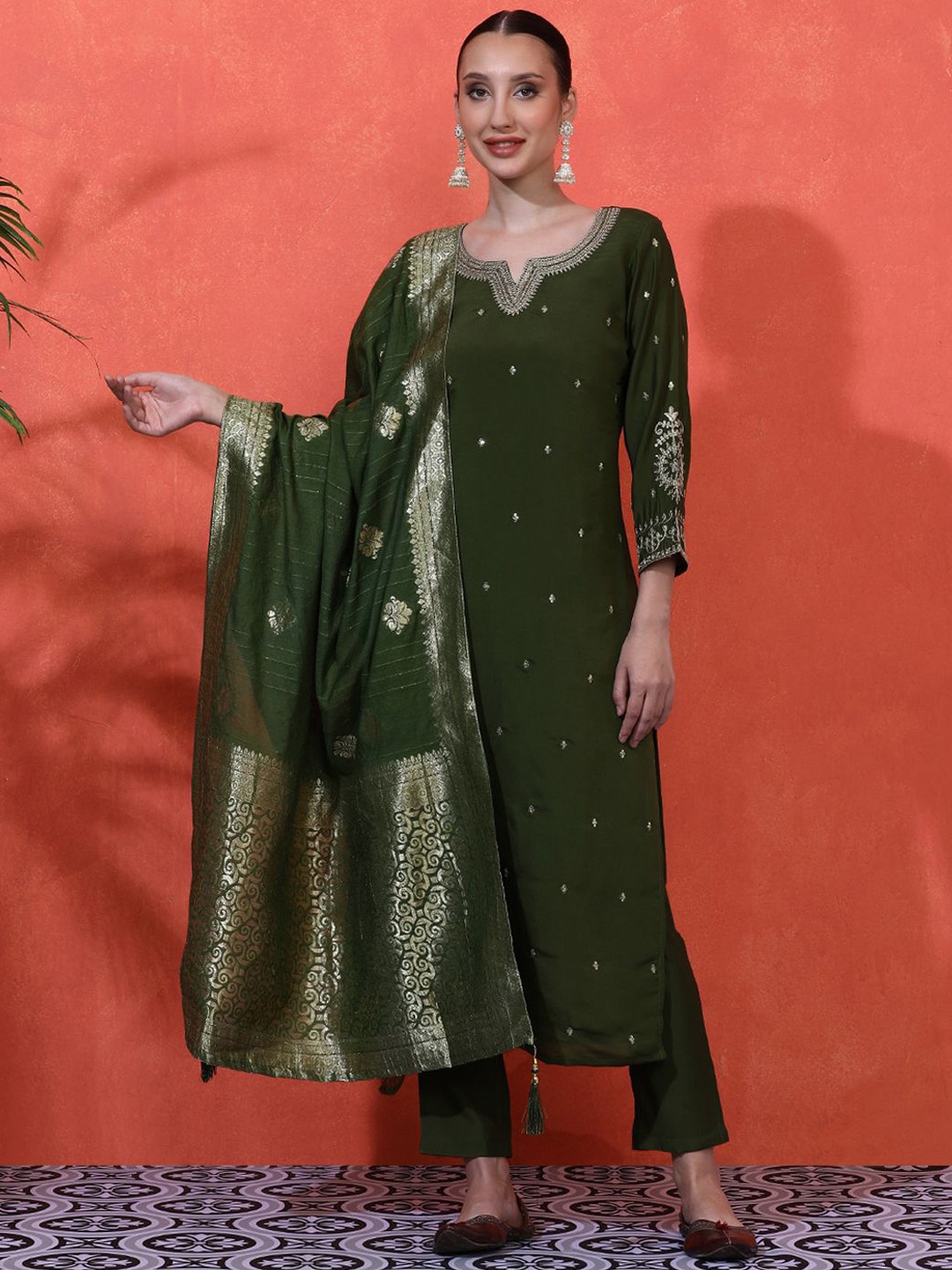 

Sangria Women Sequinned Embroidered Straight Kurta With Trousers & Dupatta, Green