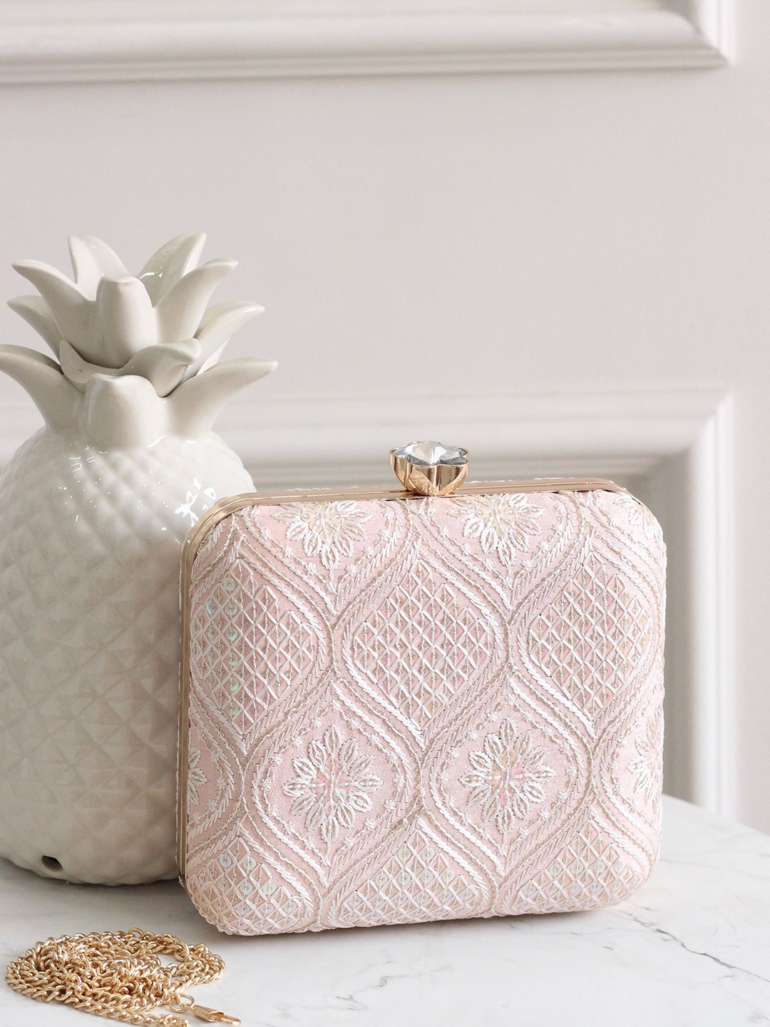 

BOXWISH BY BHUMIKA Ethnic Motifs Embellished Shopper Clutch with Bow Detail, Peach