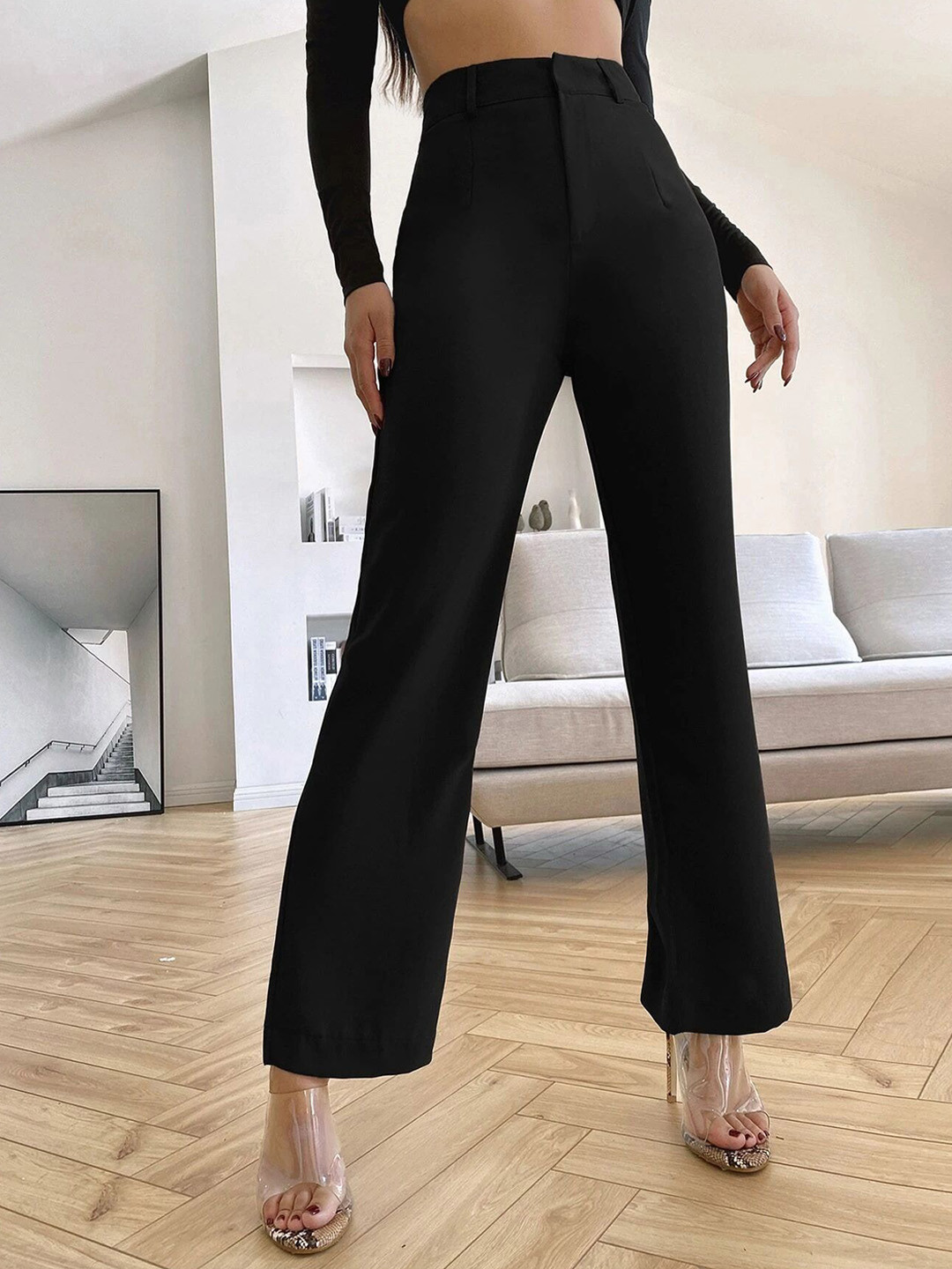 

Chemistry Women Relaxed Straight Leg Flared High-Rise Trousers, Black