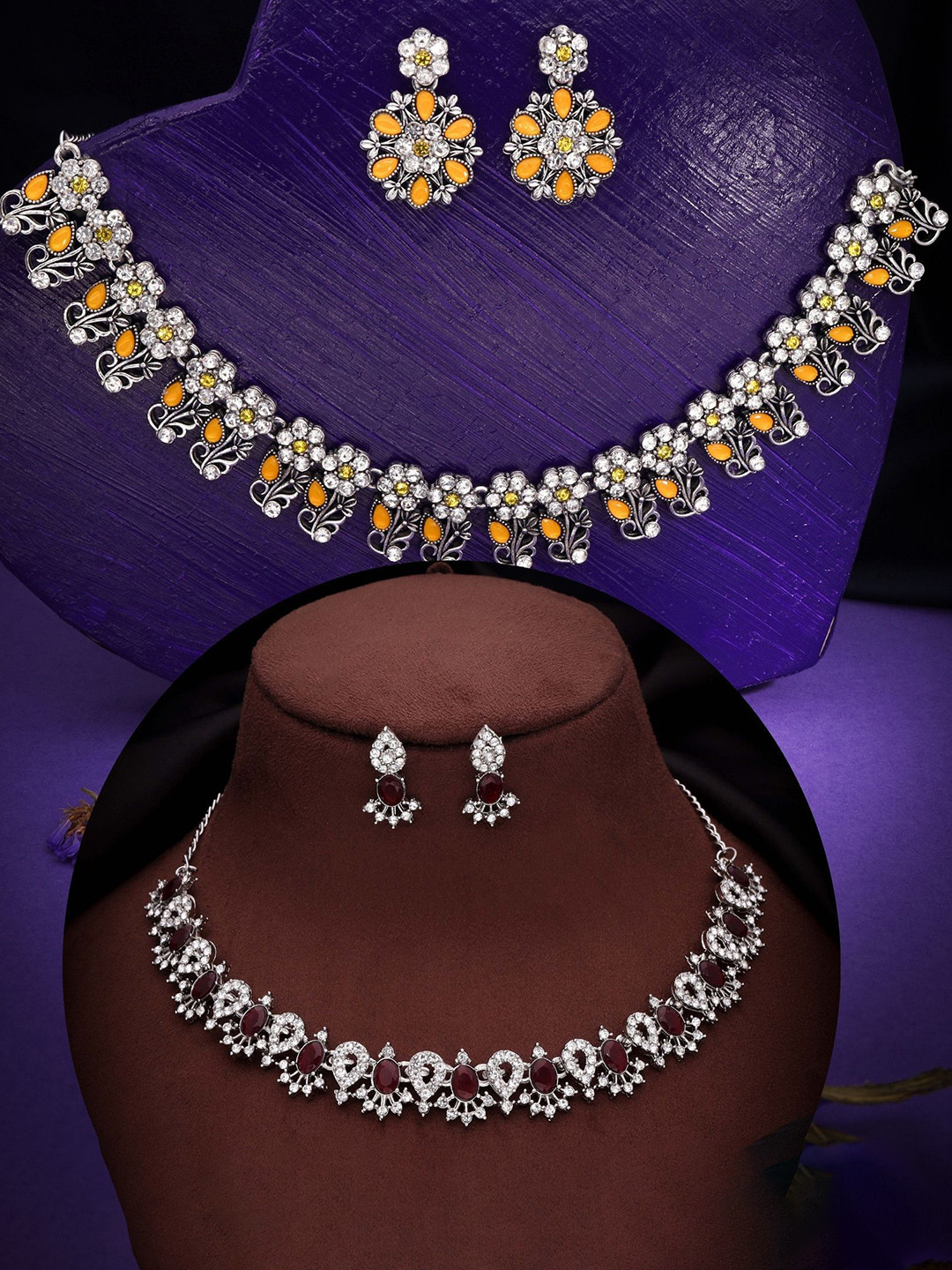 

DIVASTRI Set Of 2 Silver-Plated American Diamond-Studded Jewellery Set