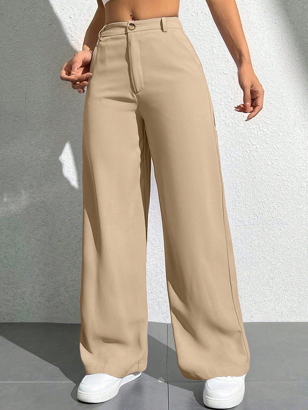 

NUCOUTHS Women Relaxed Straight Leg Straight Fit High-Rise Trousers, Beige