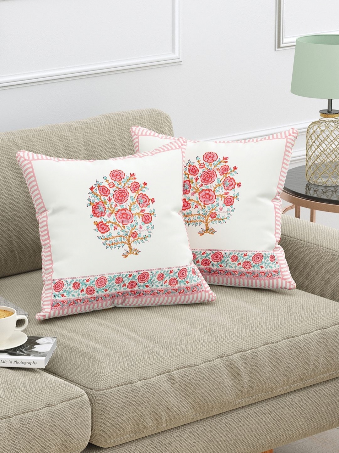 

BLOCKS OF INDIA Unisex White Cushion Covers, Pink