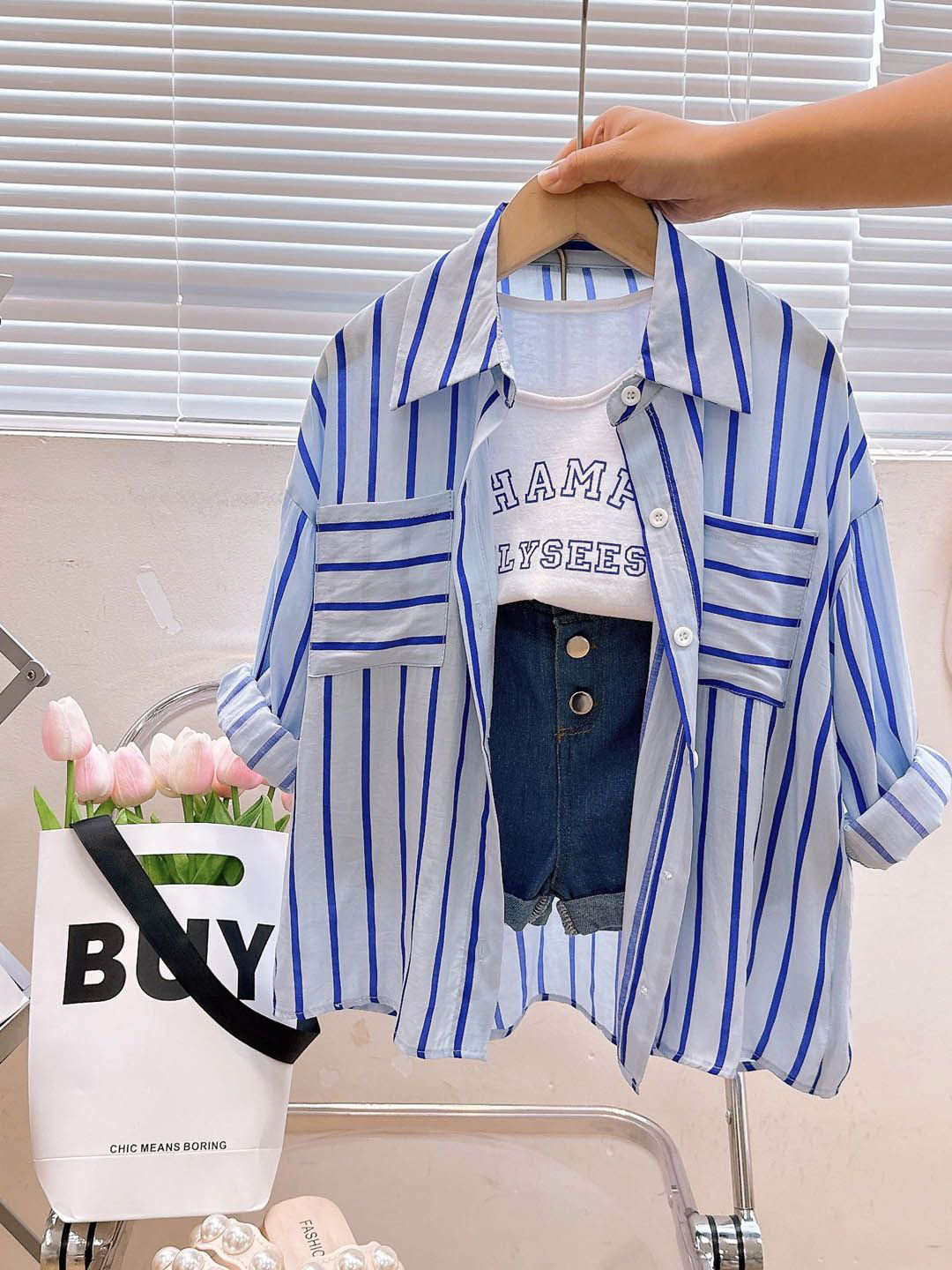 

Xsole Girls Striped Shirt With Printed T-shirt And Shorts, Blue