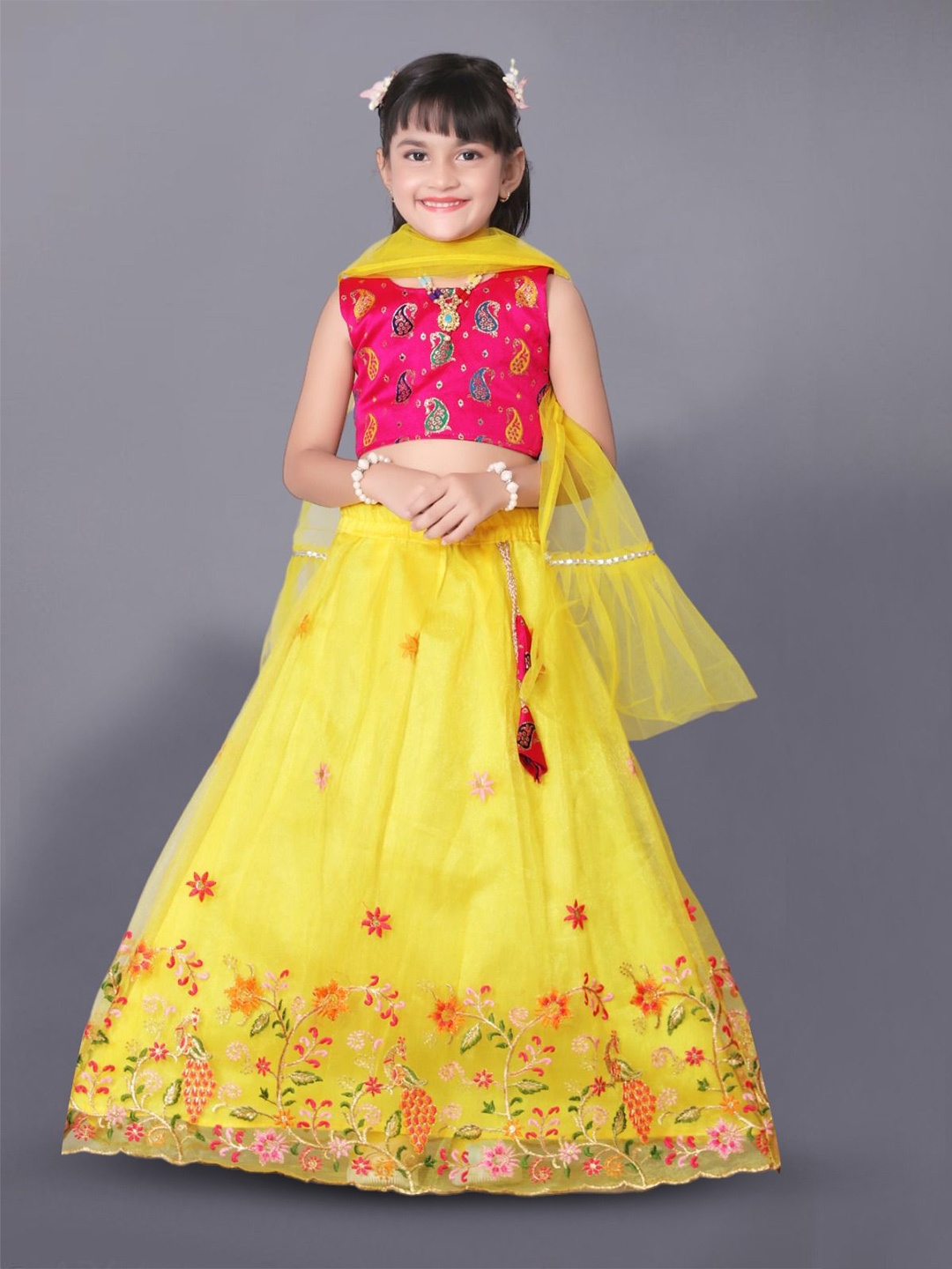 

Sainur creation Girls Thread Work Ready to Wear Lehenga & Blouse With Dupatta, Yellow