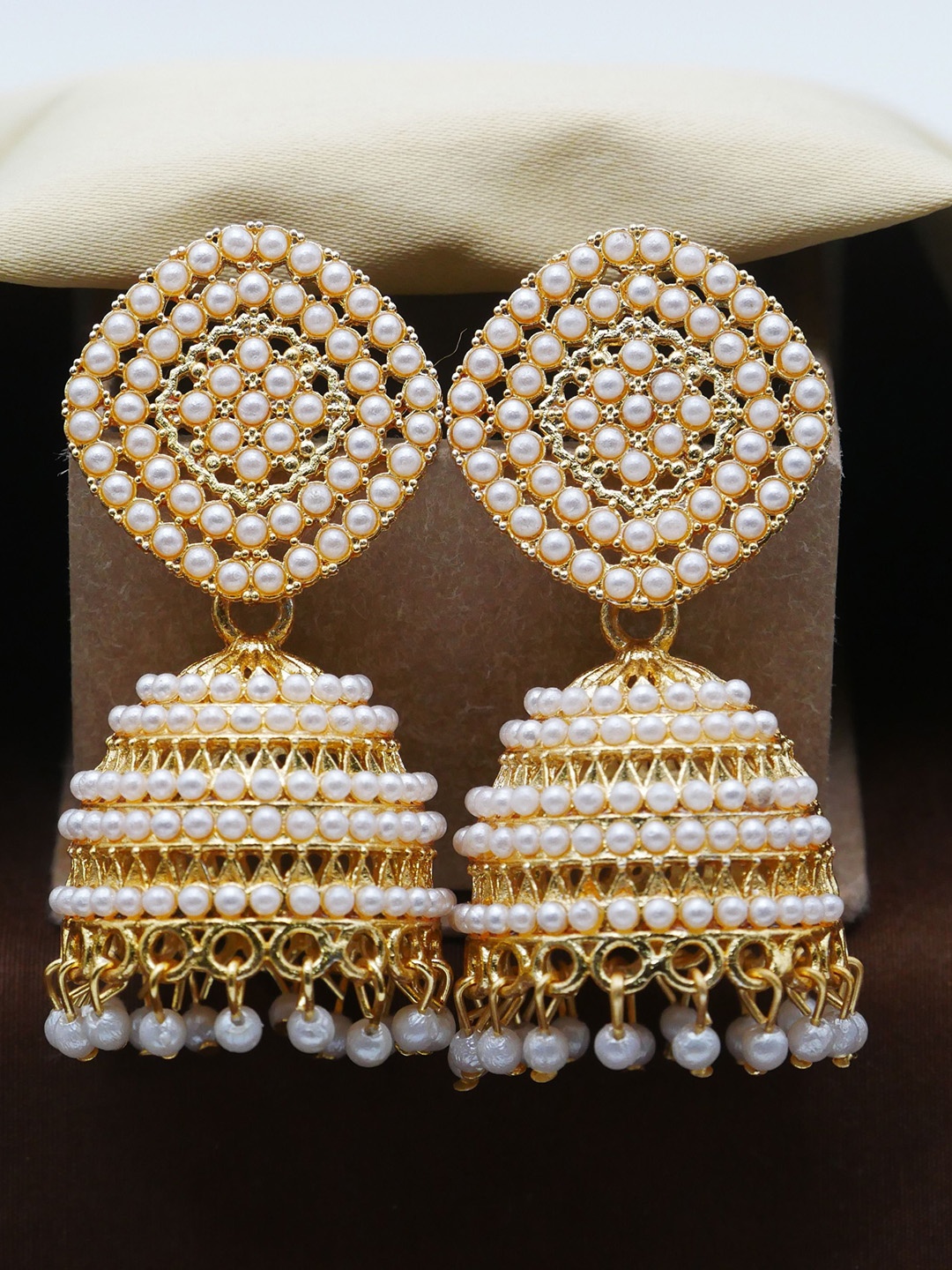 

Anouk Gold Plated Artificial Stones Studded And Beaded Dome Shaped Jhumkas