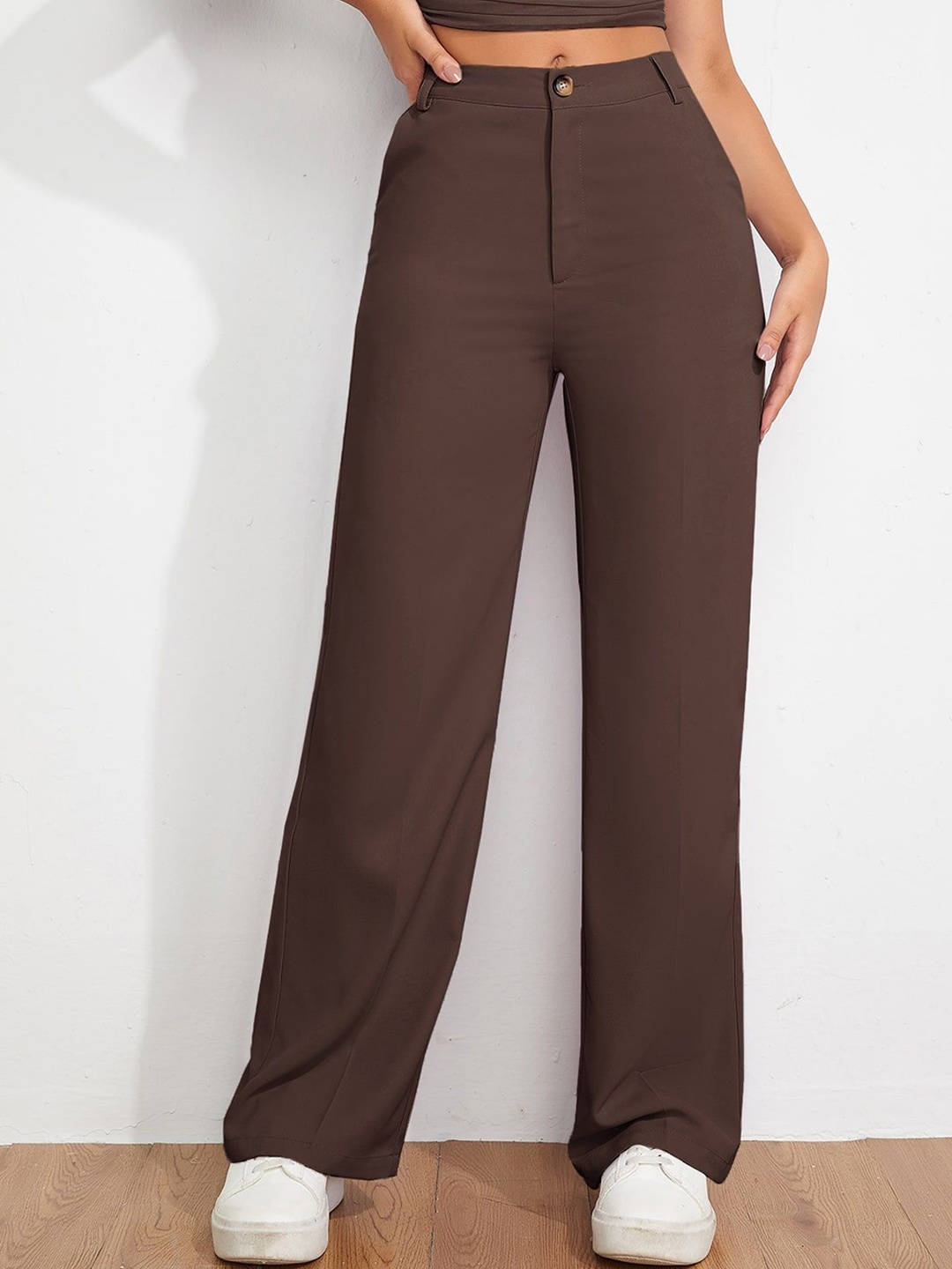 

NUCOUTHS Women Relaxed Straight Leg Straight Fit High-Rise Trousers, Brown