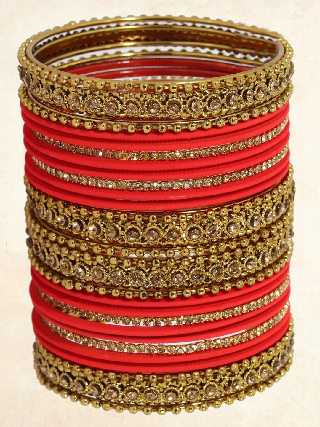 

ZULKA Set Of 28 Zircon Gemstone Studded Bangles, Red