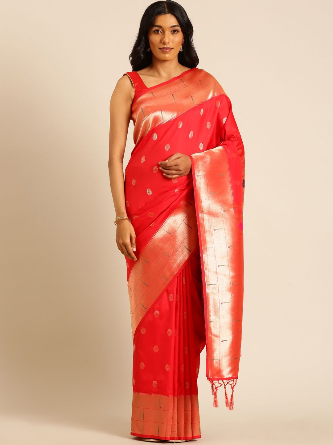 

Panzora Woven Design Zari Silk Blend Paithani Saree, Red