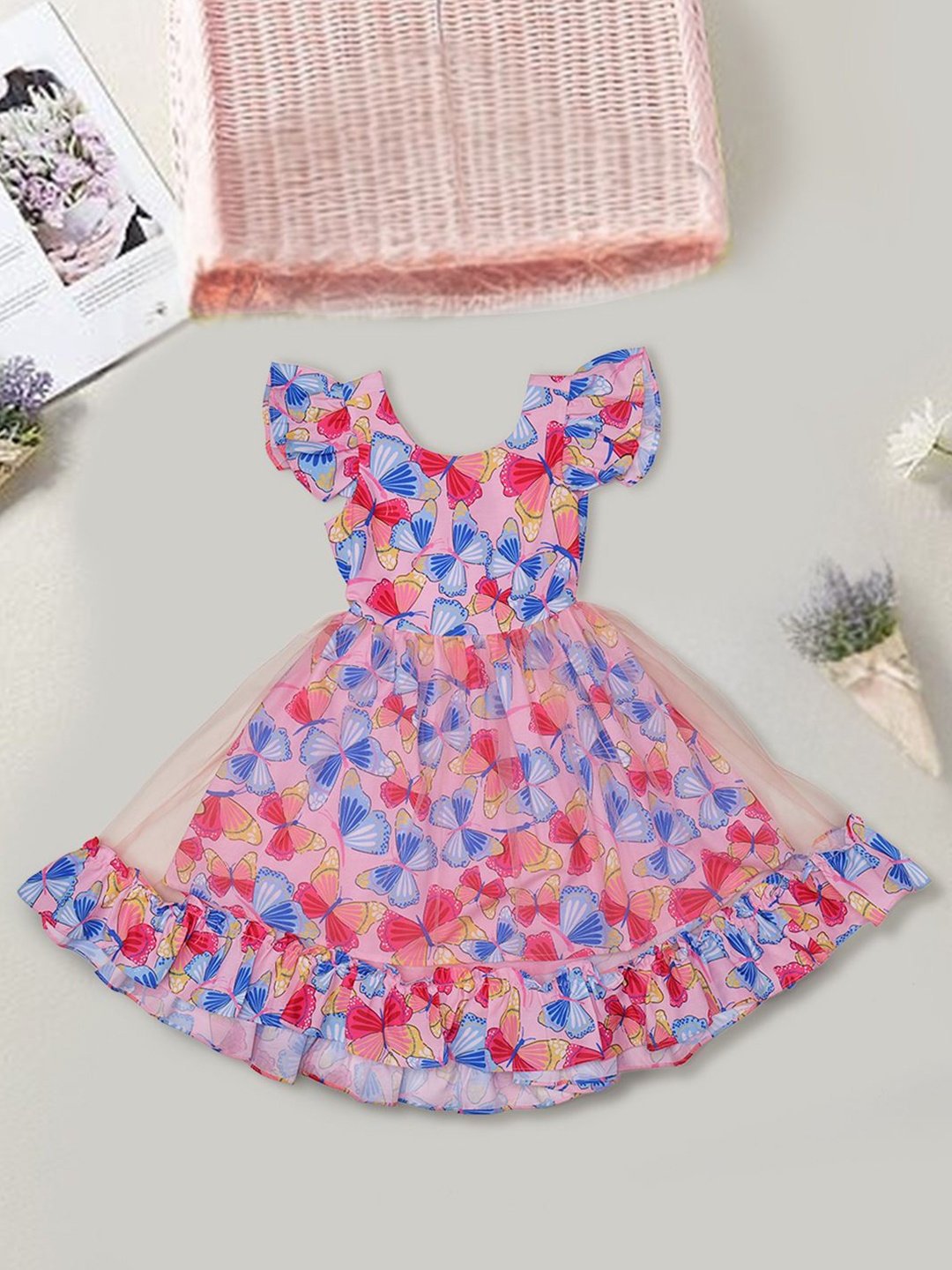 

pspeaches Floral Print Flutter Sleeve Fit & Flare Dress, Multi