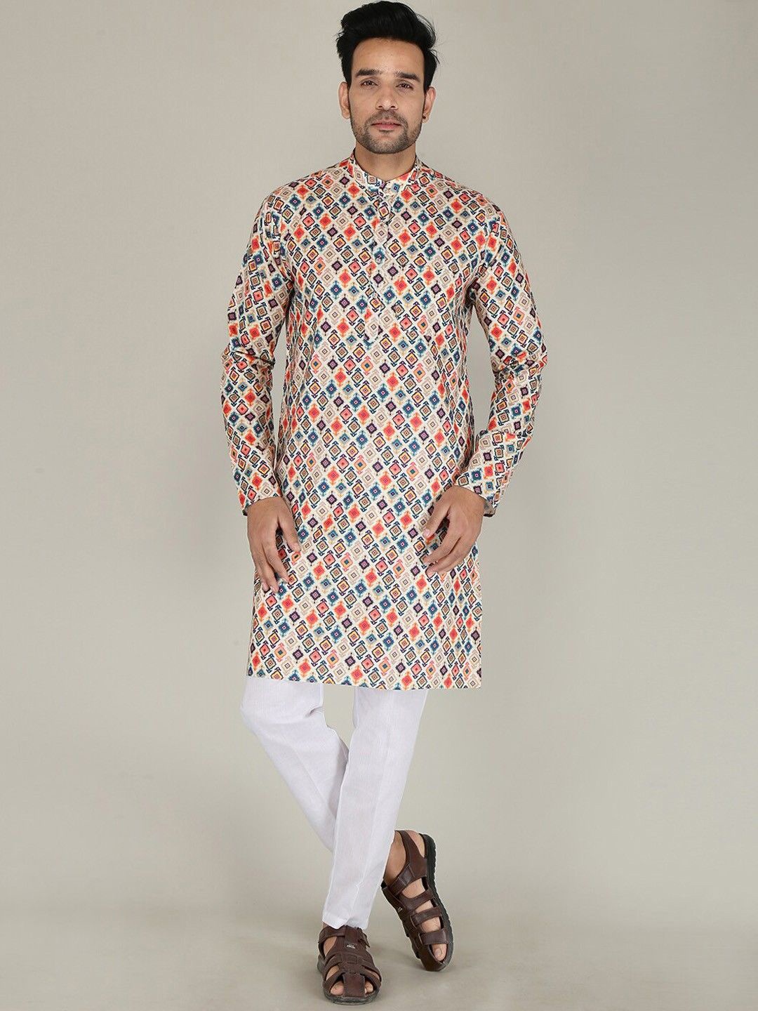 

PulseIQ Men Printed Regular Pure Cotton Kurta with Pyjamas, Peach