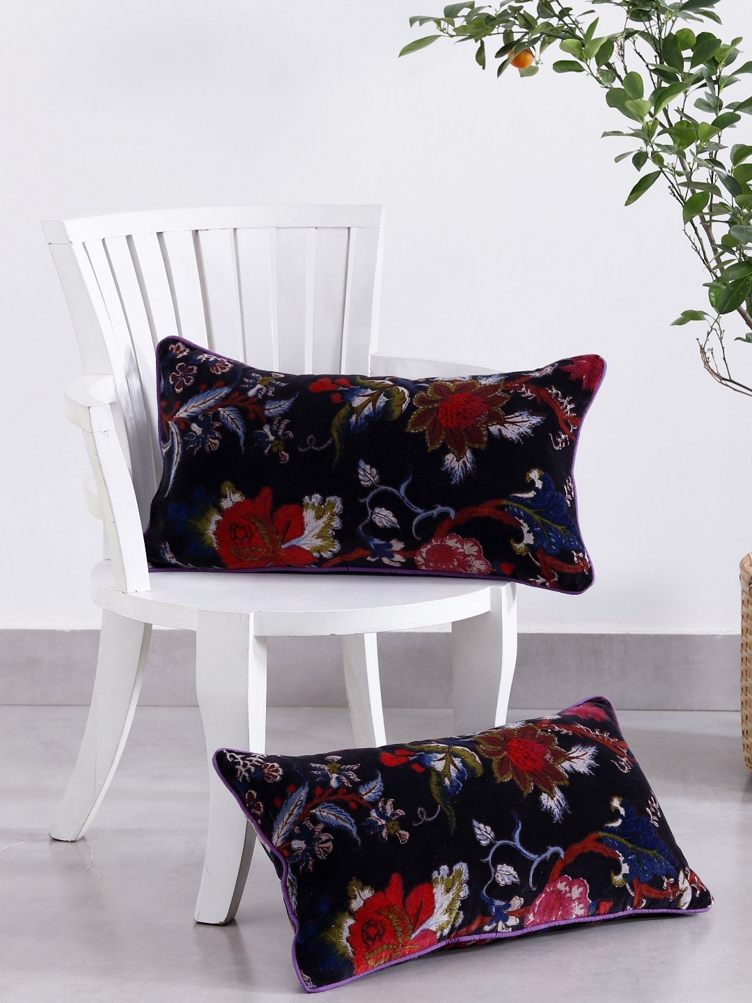 

HANDICRAFT PALACE Black & Blue Set of 2 Floral Velvet Rectangle Cushion Covers