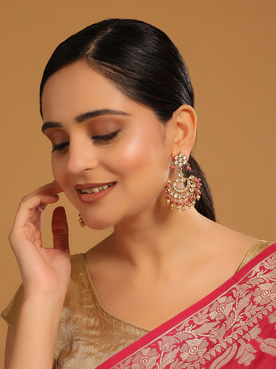 

Yinara 22K Gold-Plated Kundan Studded & Beaded Crescent Shaped Chandbalis