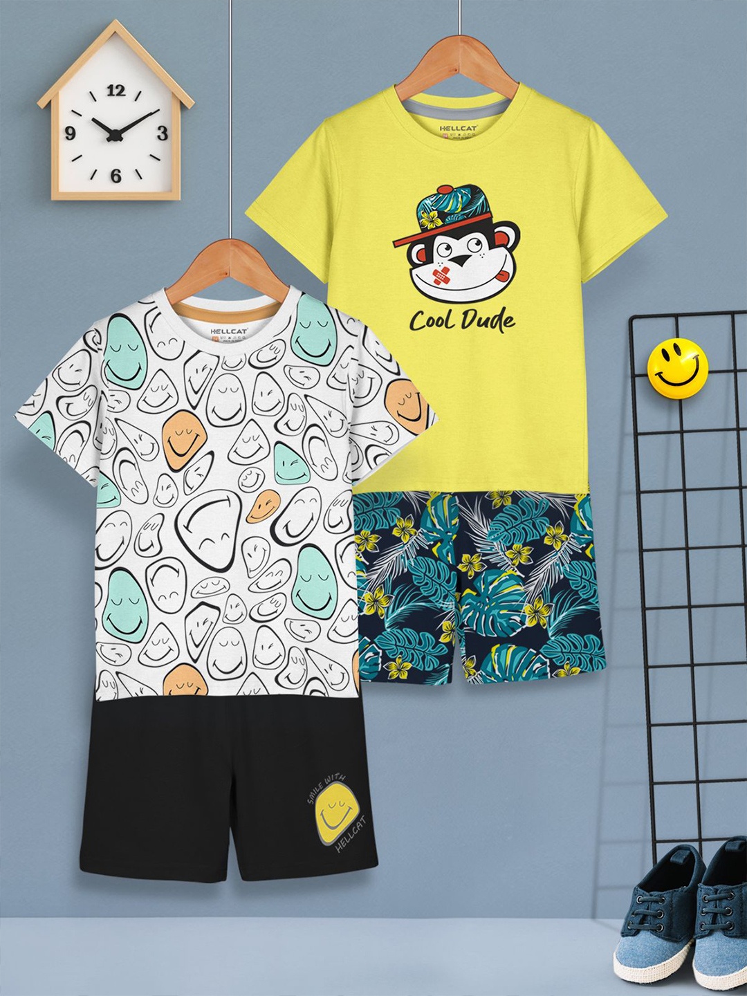 

HELLCAT Boys Pack of 2 Printed Round Neck T-Shirts With Shorts, White