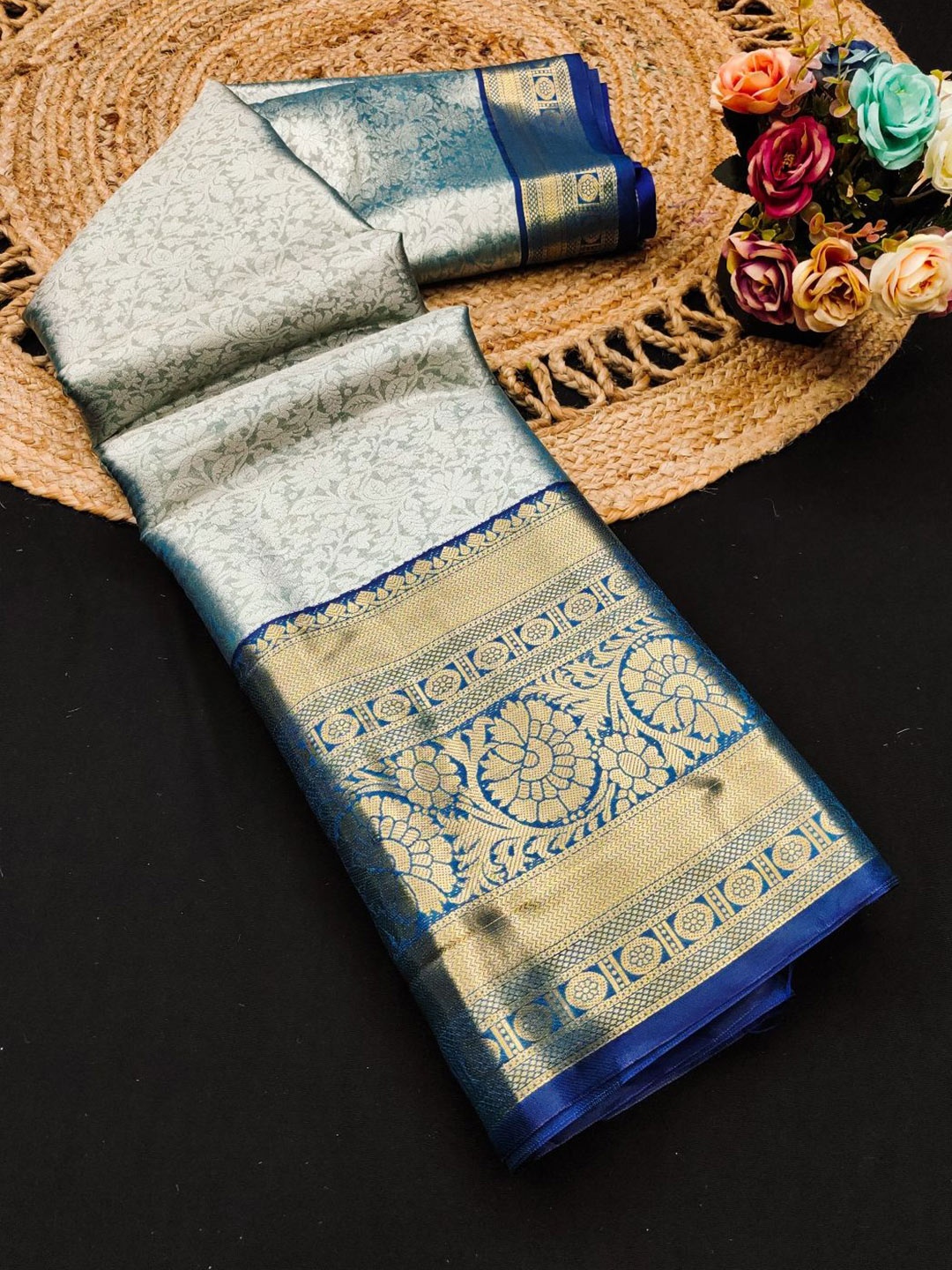

Mitera Woven Design Zari Pure Silk Kanjeevaram Saree, Blue