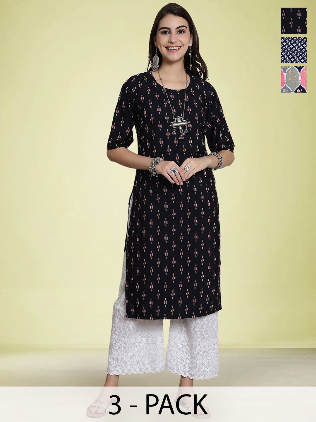 

Moda Rapido Selection Of 3 Floral Printed Round Neck Straight Kurtas, Black