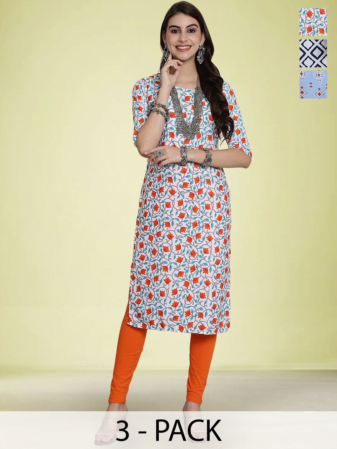 

Moda Rapido Selection Of 3 Floral Printed Round Neck Straight Kurtas, Orange