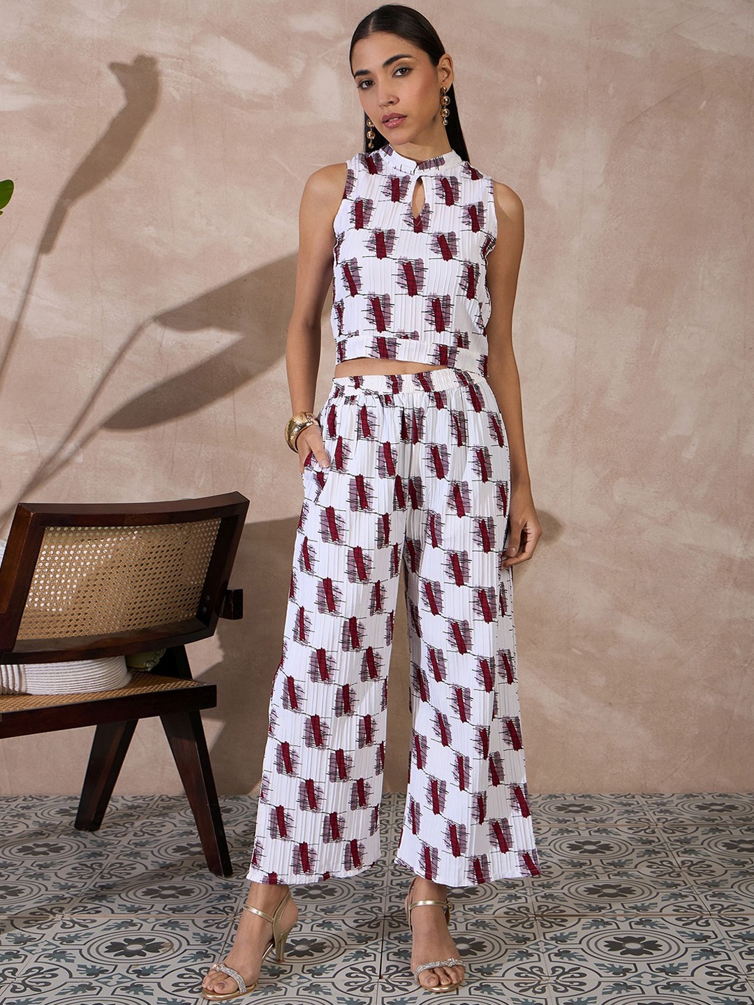 

all about you Geometric Printed Keyhole Neck Sleeveless Top With Trouser, Maroon