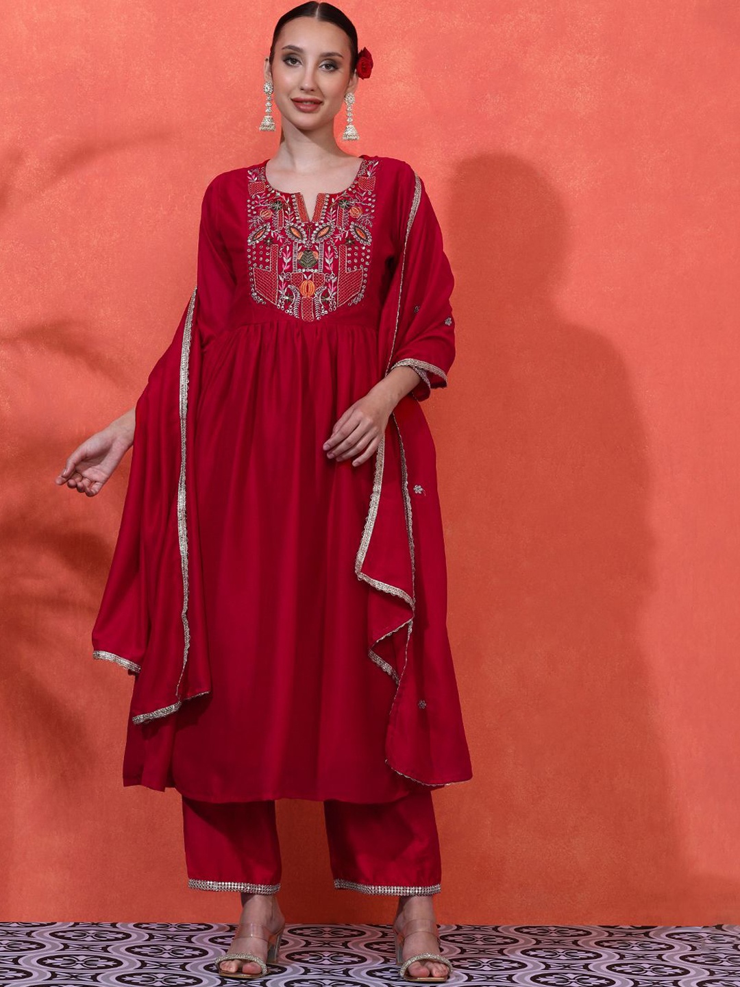 

Sangria Women Embroidered Anarkali Kurta With Trousers & Dupatta, Red