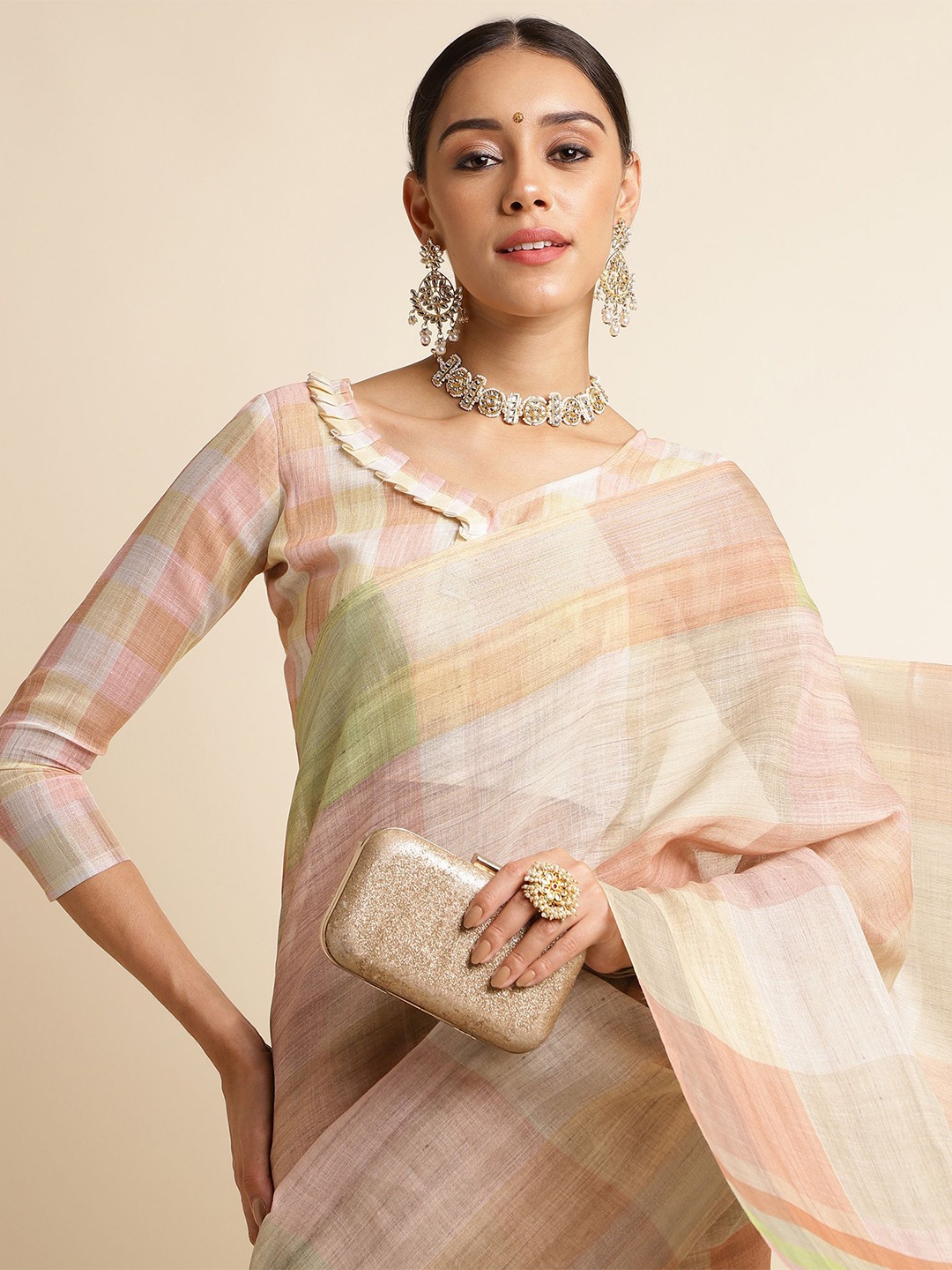 

DIVASTRI Striped Pure Linen Chettinad Saree, Orange