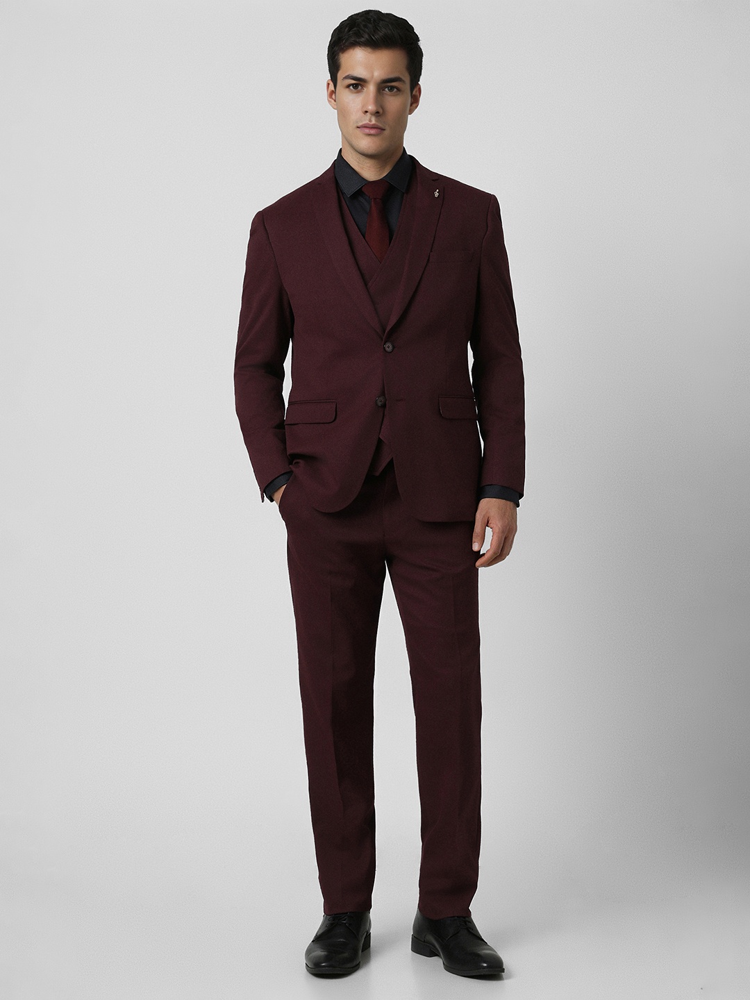 

Van Heusen Self Design Long Sleeves Three Piece Suit, Maroon