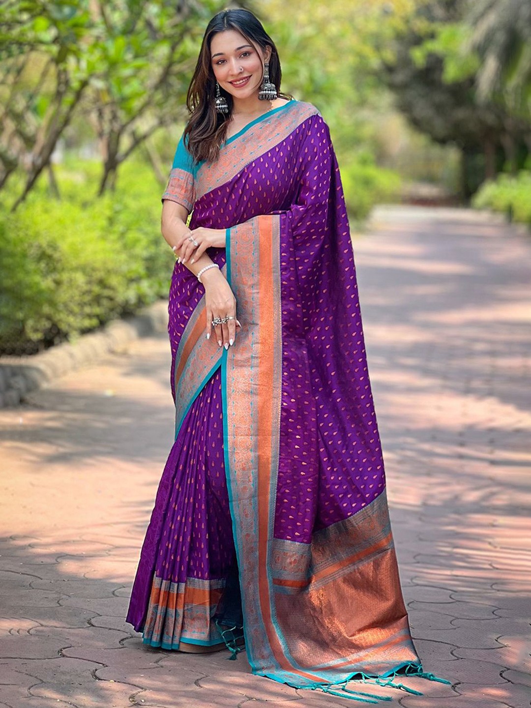 

all about you Woven Design Zari Silk Blend Paithani Saree, Purple