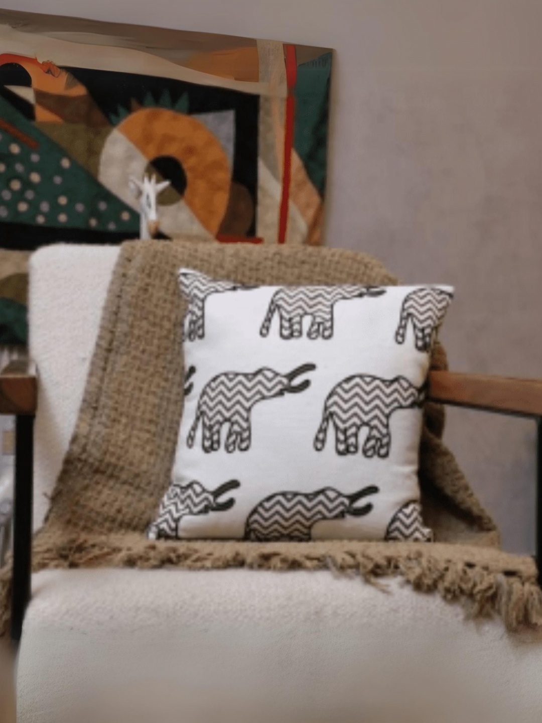 

LUSHLYF Tufted White & Black Quirky Elephant Embroidered Cotton Square Cushion Covers