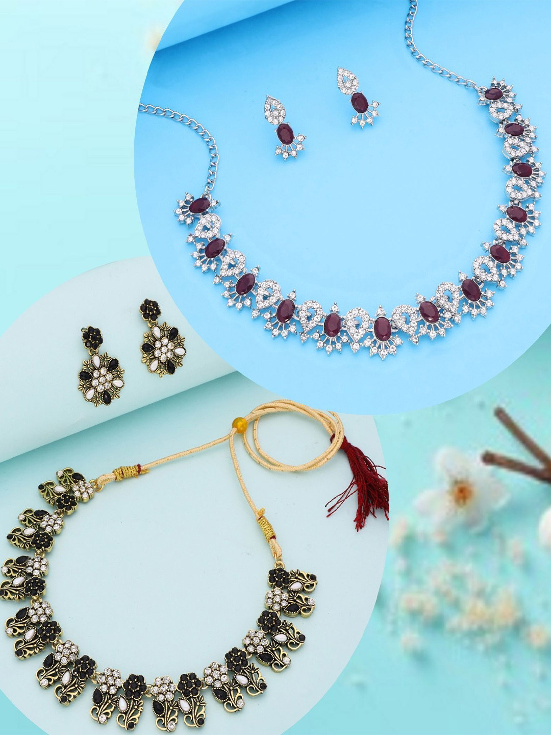 

DIVASTRI Set Of 2 Silver Plated & Gold Plated American Diamond Studded Jewellery Sets