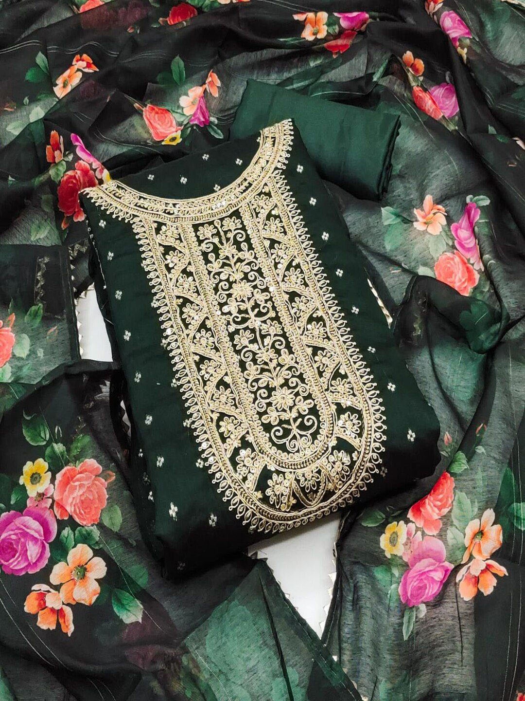 

SHIJILA Floral Woven Design Sequinned Unstitched Dress Material, Green