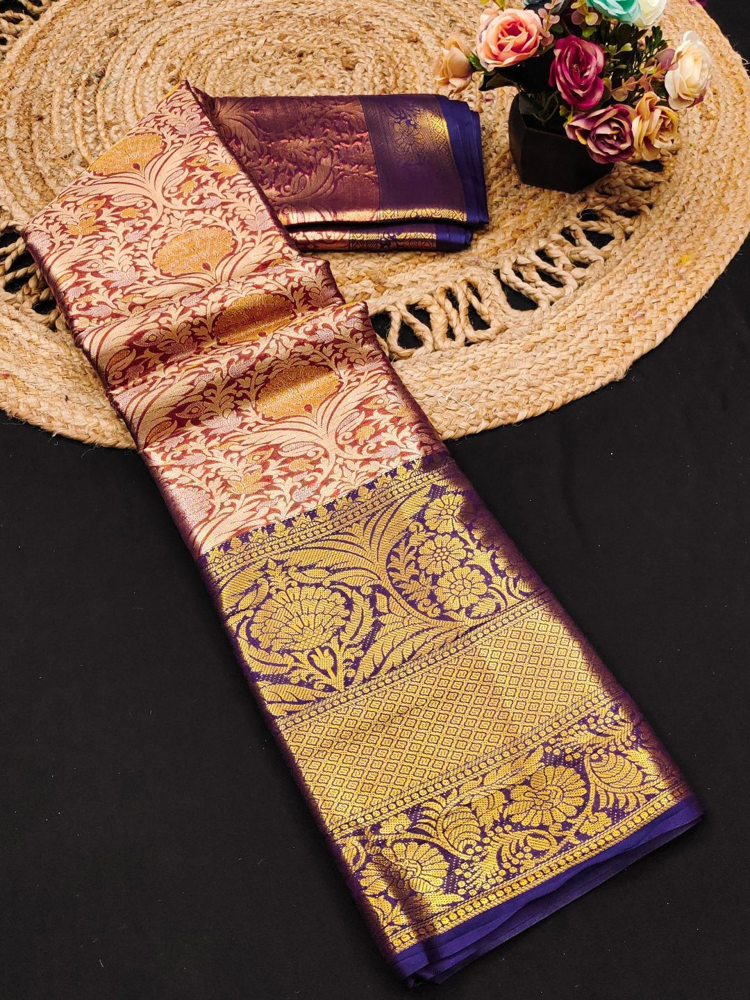 

Mitera Woven Design Zari Pure Silk Kanjeevaram Saree, Brown