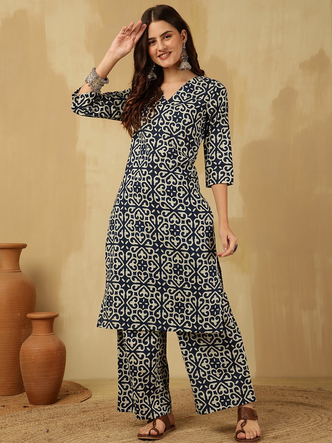 

Anouk Rustic Women Floral Printed Regular Pure Cotton Kurta with Palazzos, Blue