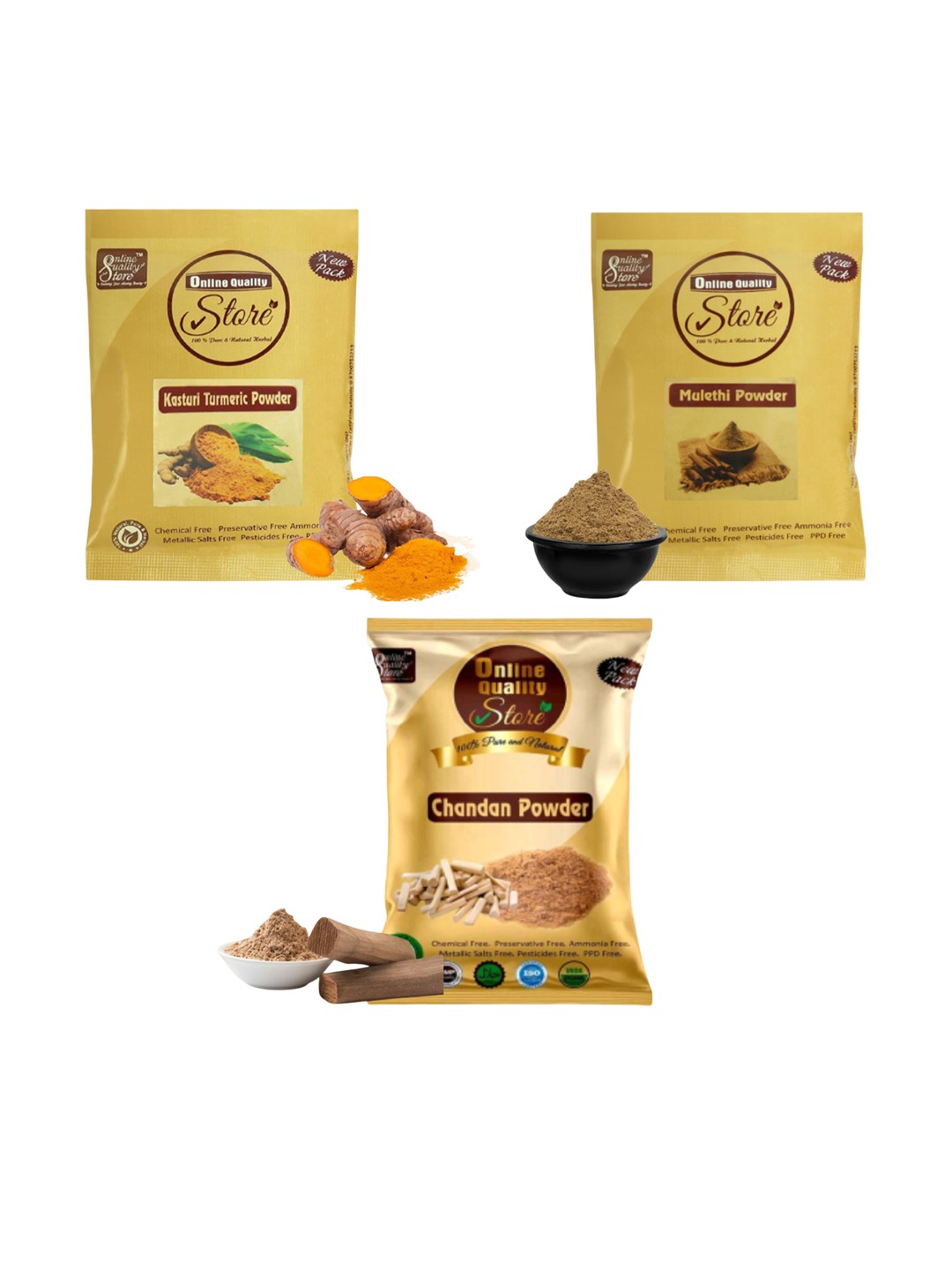 

Online Quality Store Set Of 3 Turmeric Powder Chandan Powder & Mulethi Powder -50 g Each, Beige
