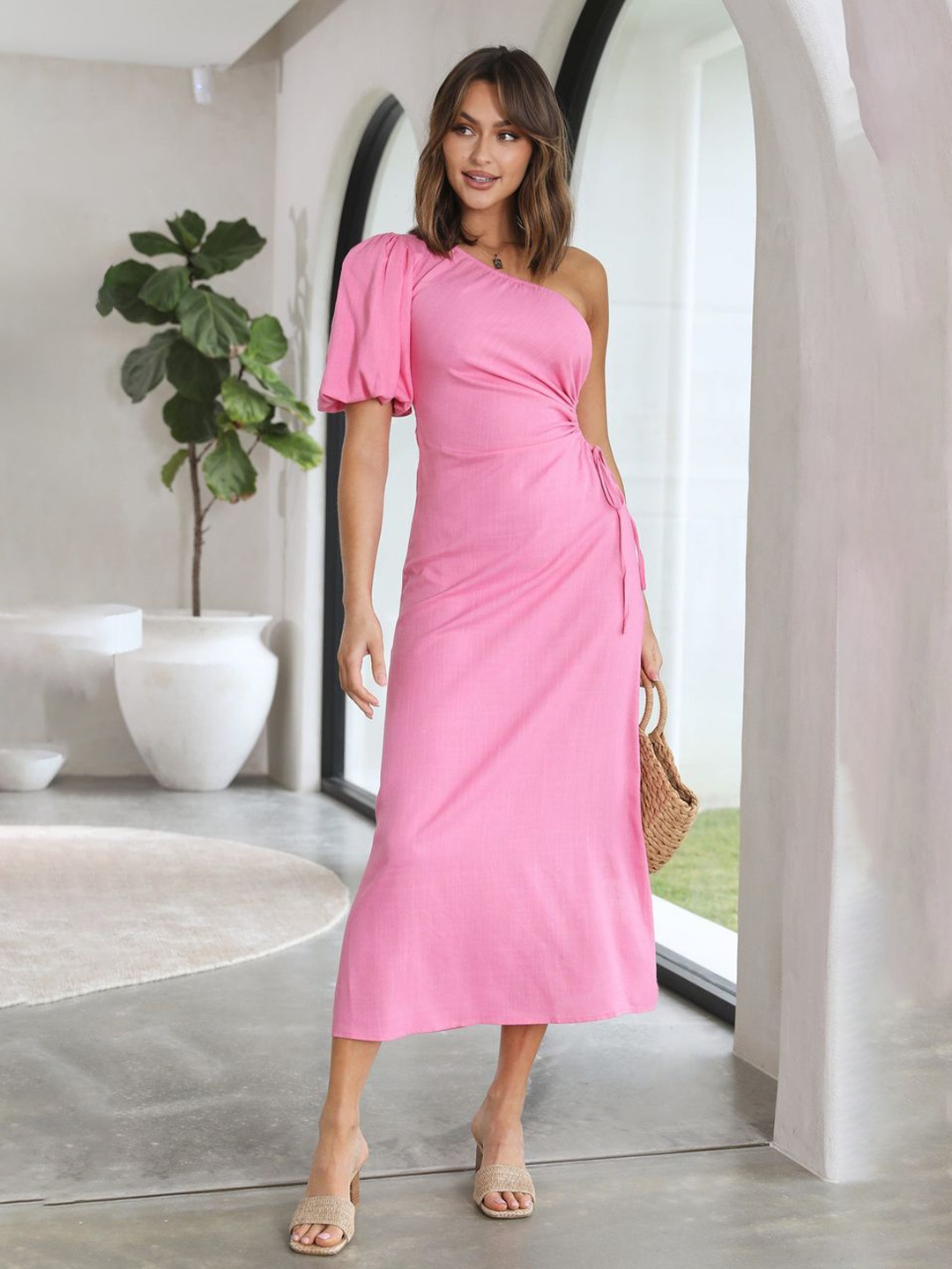 

PANKH One Shoulder Flared Sleeve Bodycon Midi Dress, Pink