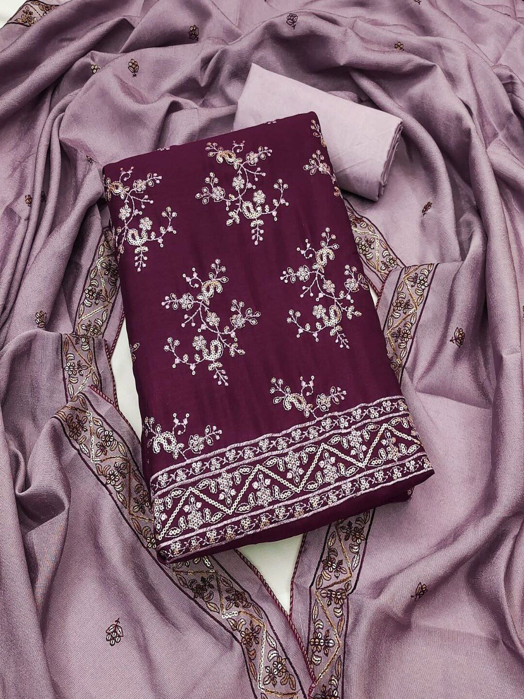 

SHIJILA Floral Embroidered Sequinned Unstitched Dress Material, Lavender