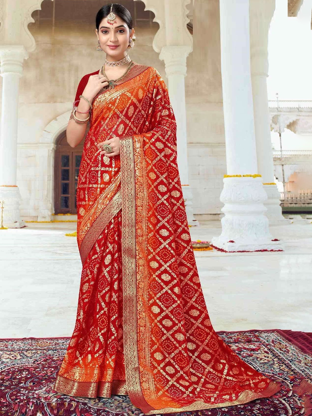

Reboot Fashions Floral Zari Pure Georgette Block Print Saree, Red