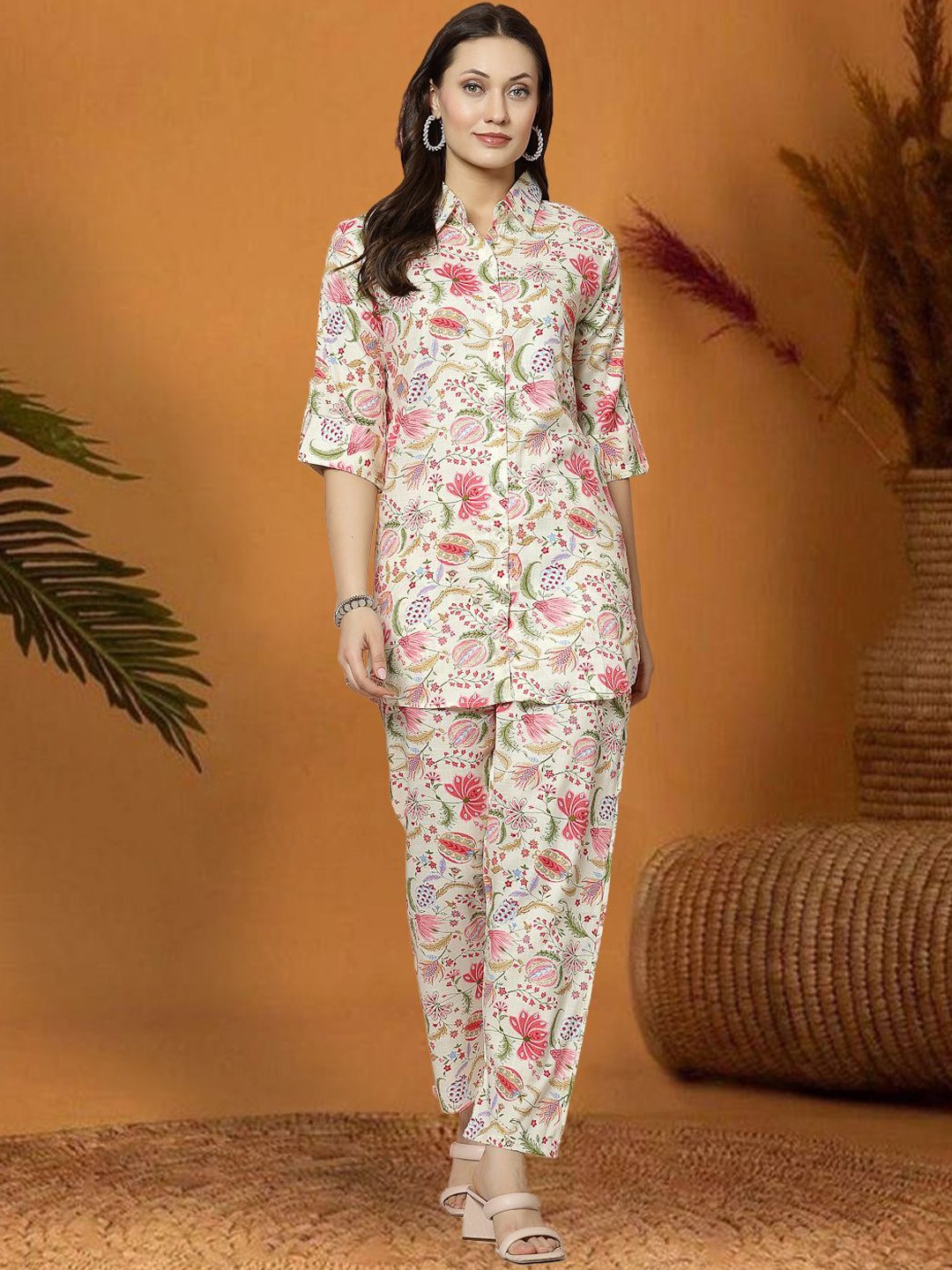 

all about you Floral Printed Shirt Collar Shirt With Trousers, Pink