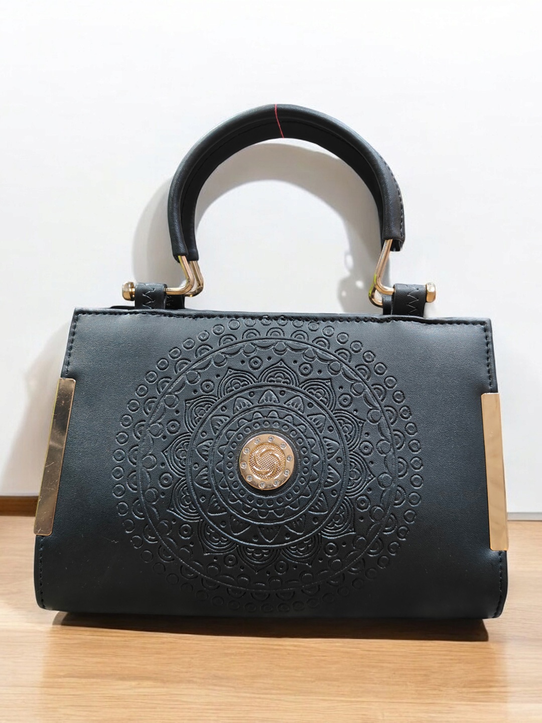 

AAIFA Floral PU Structured Satchel with Cut Work, Black