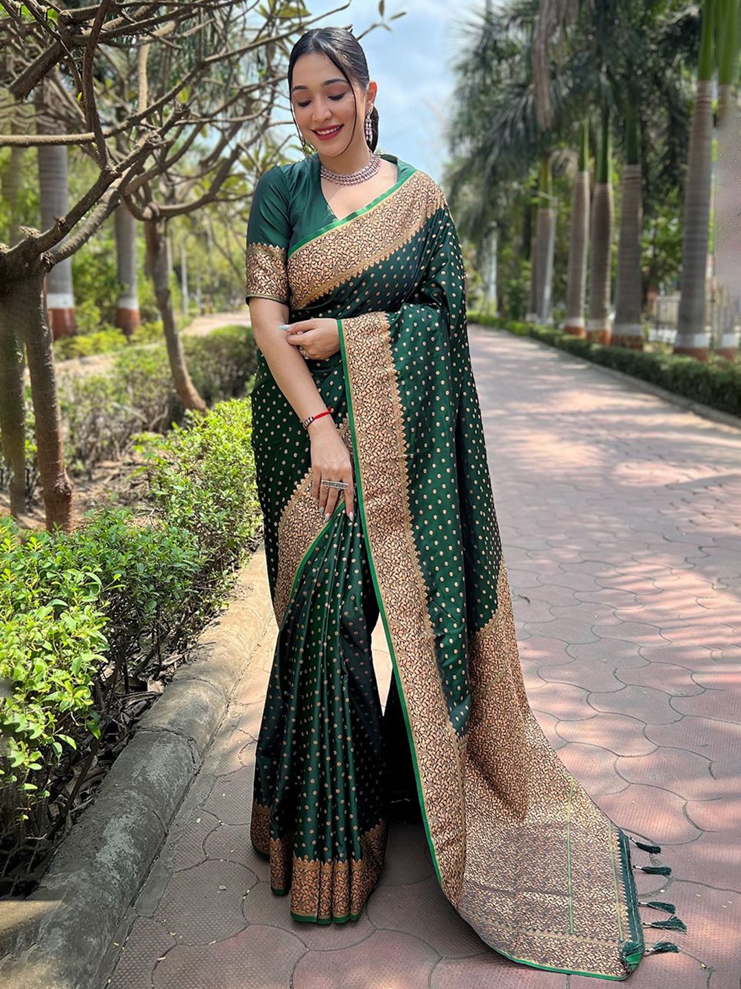 

all about you Woven Design Zari Satin Banarasi Saree, Green