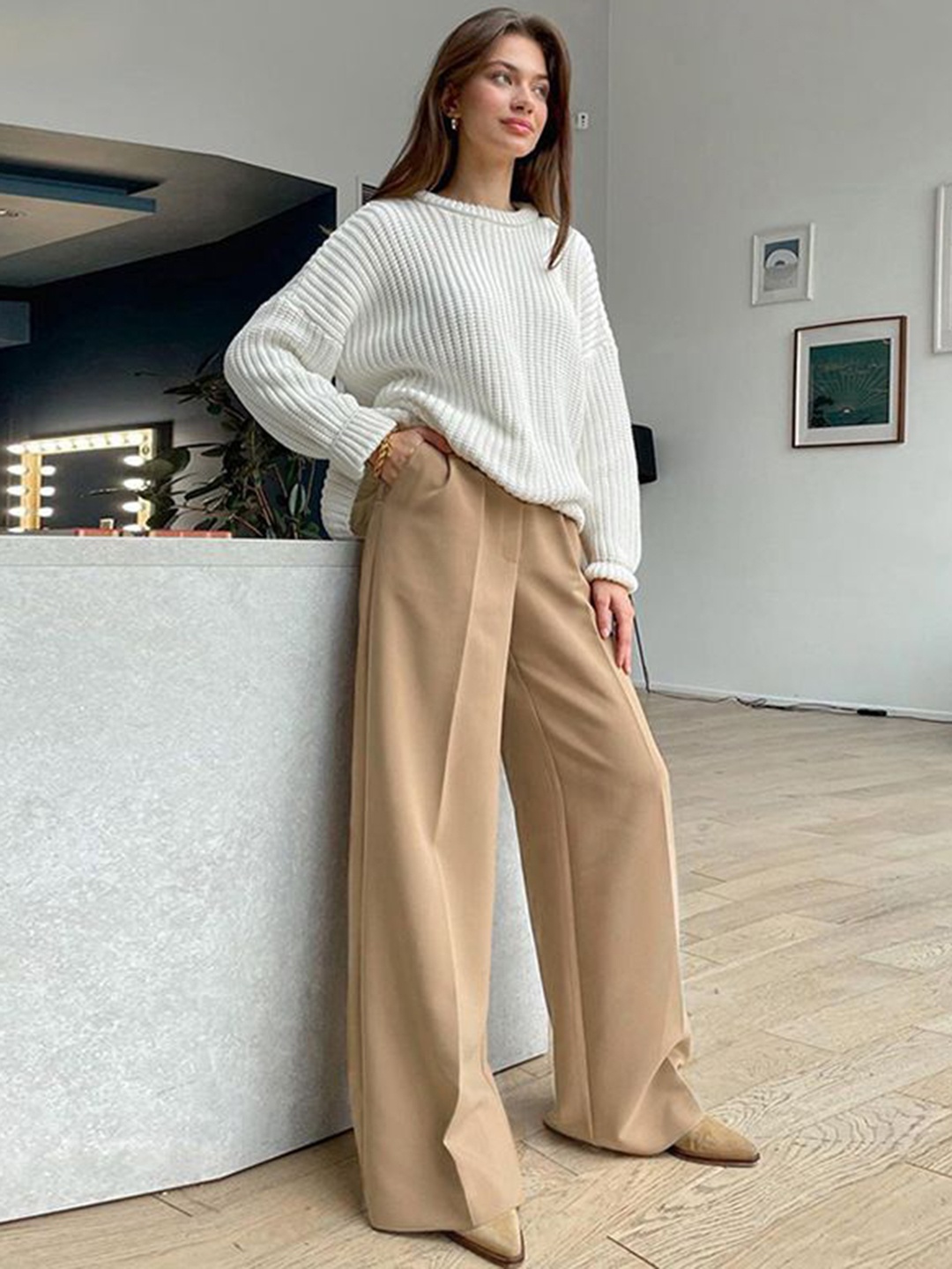 

HERE&NOW Women Slim Fit High-Rise Pleated Trousers, Brown